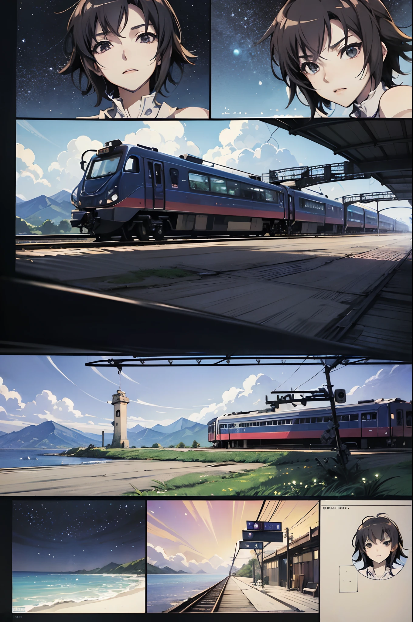 comic strip,Cartoon Split,Storyboard,Masterpiece, Anime train passing through bodies of water on tracks, Bright starry sky. Romantic train, Makoto Shinkai's picture, Pisif, concept-art, Lofi art style, Reflection. By Makoto Shinkai, Lofi art, beautiful anime scenes, Anime landscape, Detailed scenery —width 672, in the style of makoto shinkai, Makoto Shinkai's style, Enhanced detail.