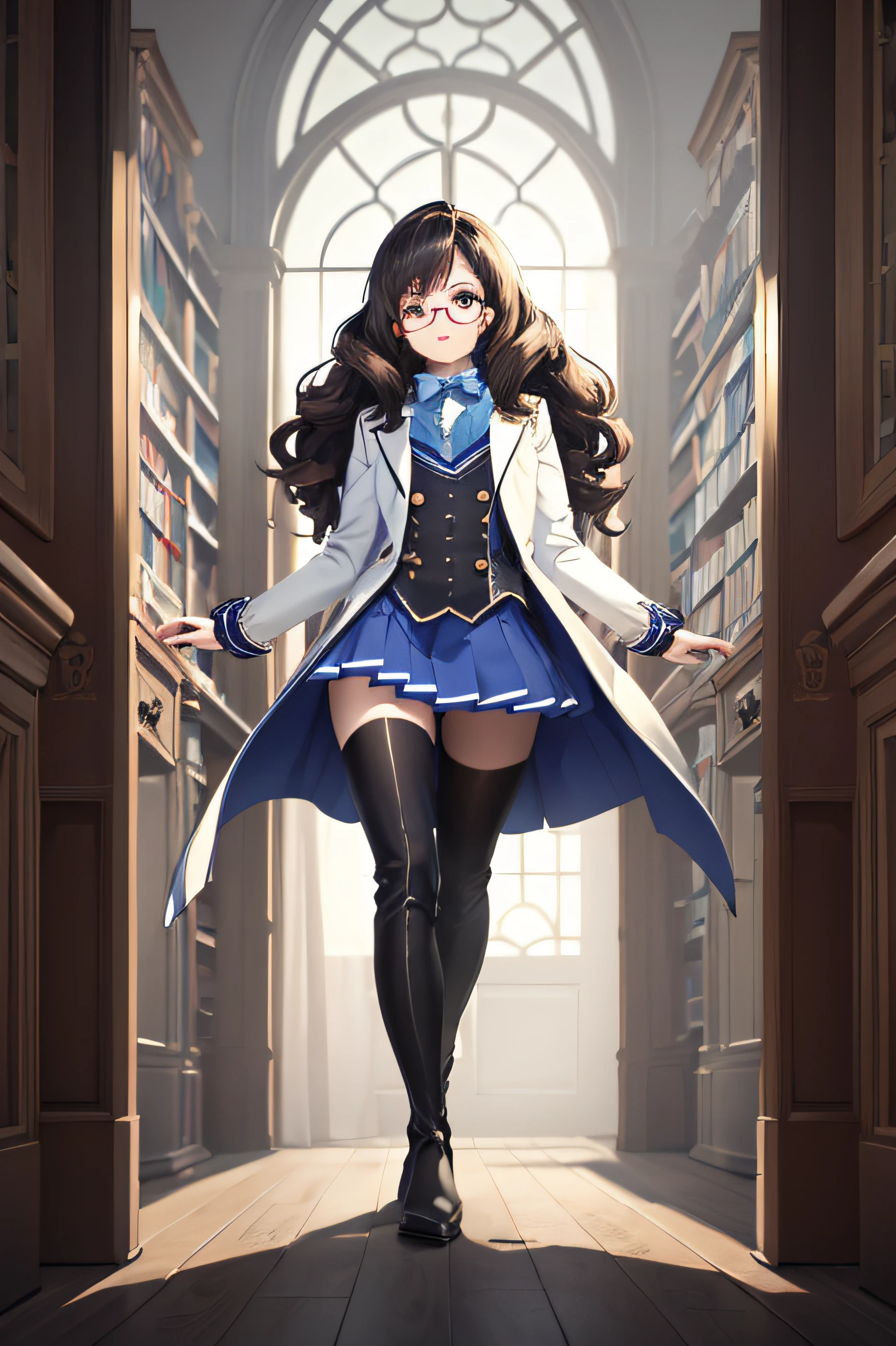 (((Top quality, 8k, masterpiece))) Anime style, female, long brown curly hair, sharp eyes, upset look, black glasses, scholarly outfit, small chest, 1700s English clothing, blue and white clothes, white undershirt, blue skirt, blue school coat, thigh high boots, exposed thighs, fantasy school girl outfit, fantasy nerd, fantasy school, library background, fantasy, hourglass figure, ultrasharp, high res, looking at viewer, short height, short female