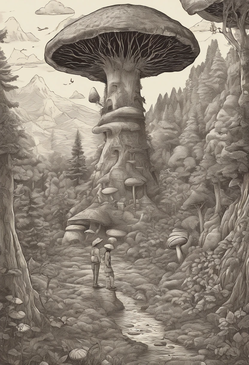 Imagine um jovem com cabelo castanho, brown eyes and wearing baggy clothes of earthy tones that blend perfectly with the magical environment around him. He's standing in a magical forest clearing, with trees of extravagant shapes and trunks festooned with plots of bright vines.

Na clareira, gnomos animados, with pointy hats and colorful clothes, they dance in circles around the young man, seus rostos repletos de sorrisos travessos. Giant mushrooms and psychedelics, with mesmerizing patterns and vivid colors, crescem ao redor deles, offering unlikely seats for the gnomes and a resting place for the young man.

In the night sky, a lua cheia brilha intensamente, casting shadows and highlighting the details of this magical scene. Make the drawing capture the sense of mystery, Charm and adventure that permeates this magical forest