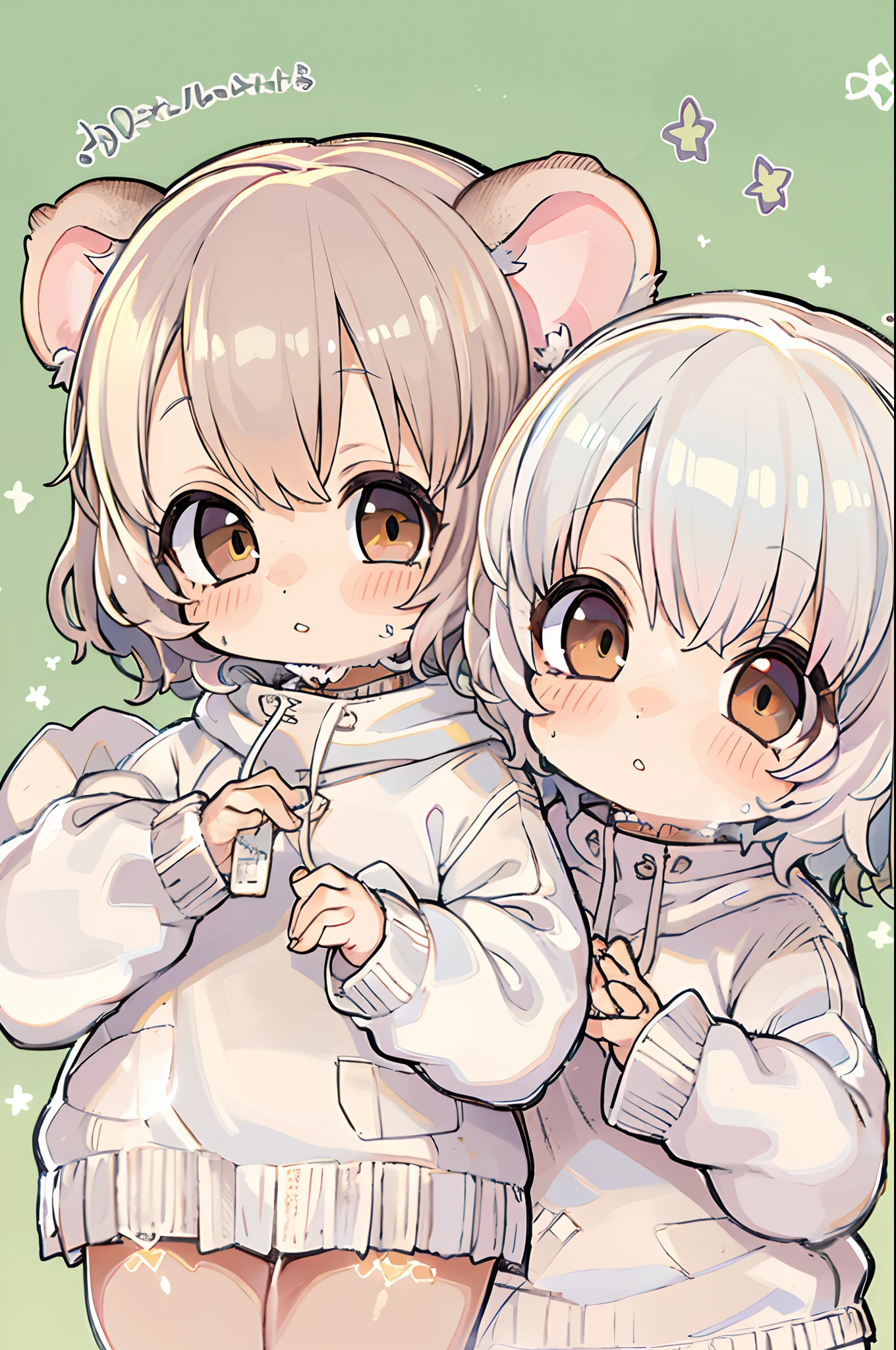 twins, Mouse Girls, short fluffy white hair, Big round mouse ears, White sweater, Holding hands, ((dark brown eyes)), a couple, Beautiful, Glossy lips, Detailed eyes,Chibi