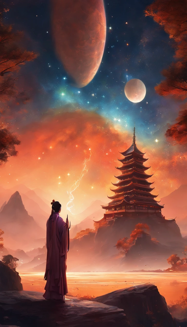 China-style，In the distance, A huge tall Buddha statue stands in the vast starry sky of the universe，Gaze at the earth，Standing Buddha statue，with light glowing，Glow effects，Little humans on Earth look up at the Buddha statue in the starry sky，Magnificent nebula background，Meteors streak across，nigh sky，Hyper-realistic，Ultra photo realsisim，Real Photographics，8K，High definition，high qulity，Works of masters，super-fine，（Chinese color ink painting style），（（（white colors））），Smudge，ink，（Movie lighting），（light and shadow effect），（Unreal 5),（8K resolution），（Masterpiece），super-fine，high qulity，rendering by octane，glitter effects，（（（OC renderer）））