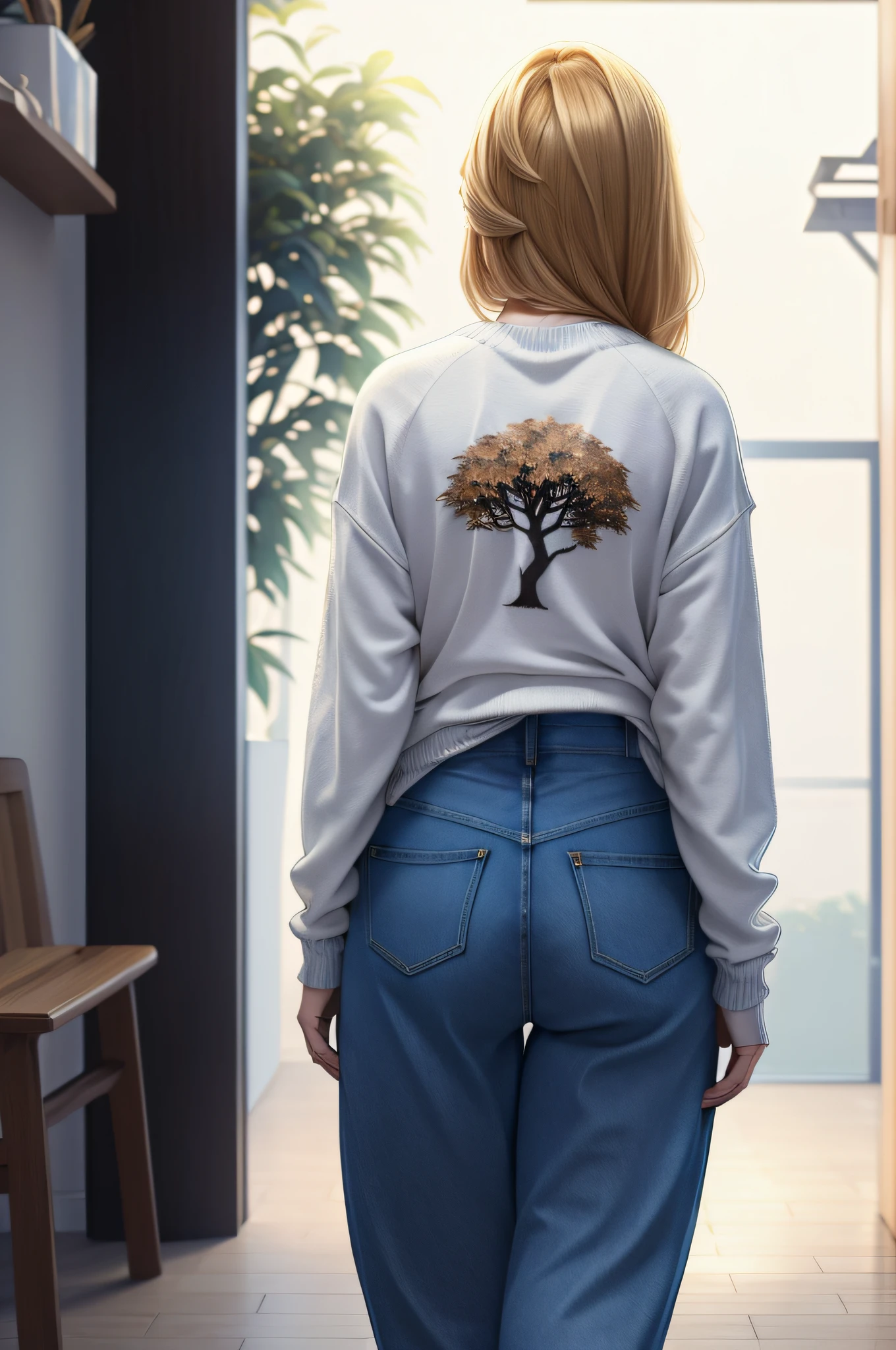 ((master part, best quality,edgQualidade)), smug,Sorriso, edgADC_moda, blonde hair, mangas compridas, kalap, Pants, from behind, sweater, tree, sheet printing, Denim, Folhas de outono, jeans, Realistic ,usando edgADC