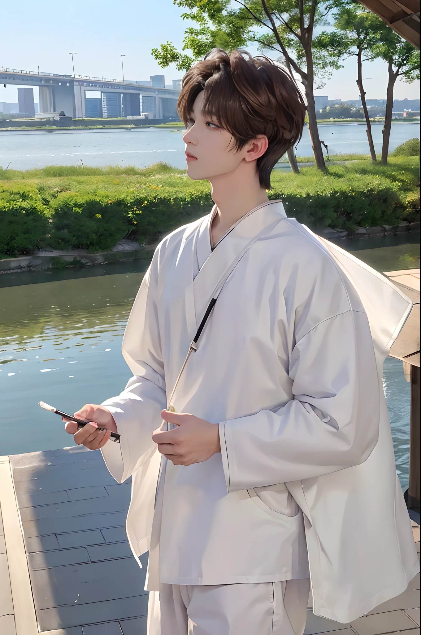 masterpiece、top-quality)、One Manly Boy、Slim body、((Black and white men's fashion:1.1))、(Detailed beautiful eyes)、In the Han River、Face similar to Chaewon in Le Selefim、((short hair above the ears))、((Smaller face))、((Neutral face))、((Light brown eyes))、((Korean boy))、((18year old))、((Handsome man))、((Wild look))、((Korean Makeup))、((elongated and sharp eyes))、((Happy dating))、((He is walking in front of the viewer))、((shot from a side angle))