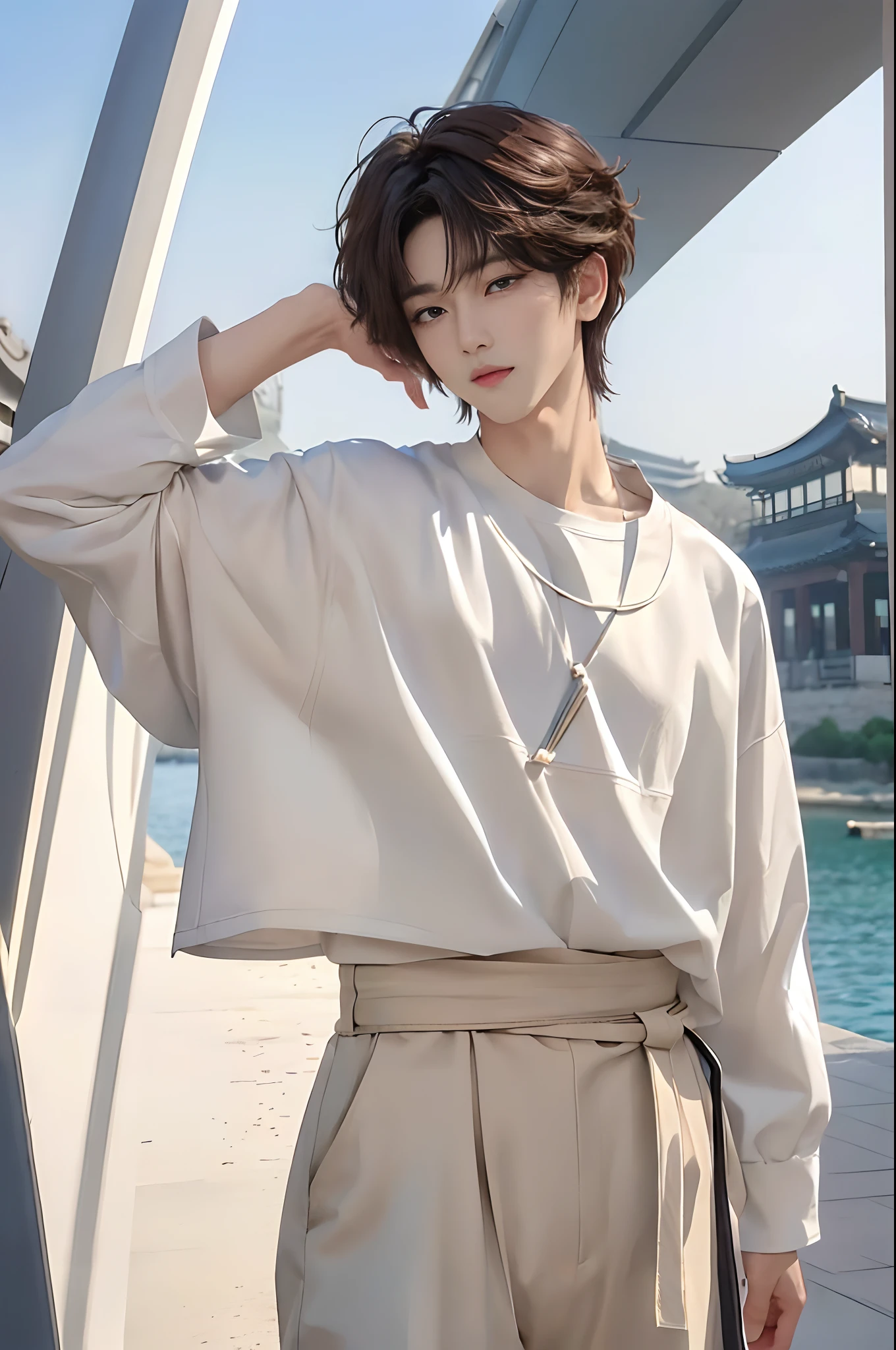 masterpiece、top-quality)、One Manly Boy、Slim body、((Black and white men's fashion:1.1))、(Detailed beautiful eyes)、In the Han River、Face similar to Chaewon in Le Selefim、((short hair above the ears))、((Smaller face))、((Neutral face))、((Light brown eyes))、((Korean boy))、((18year old))、((Handsome man))、((Wild look))、((Korean Makeup))、((elongated and sharp eyes))、((Happy dating))、((He is walking in front of the viewer))、((shot from a side angle))