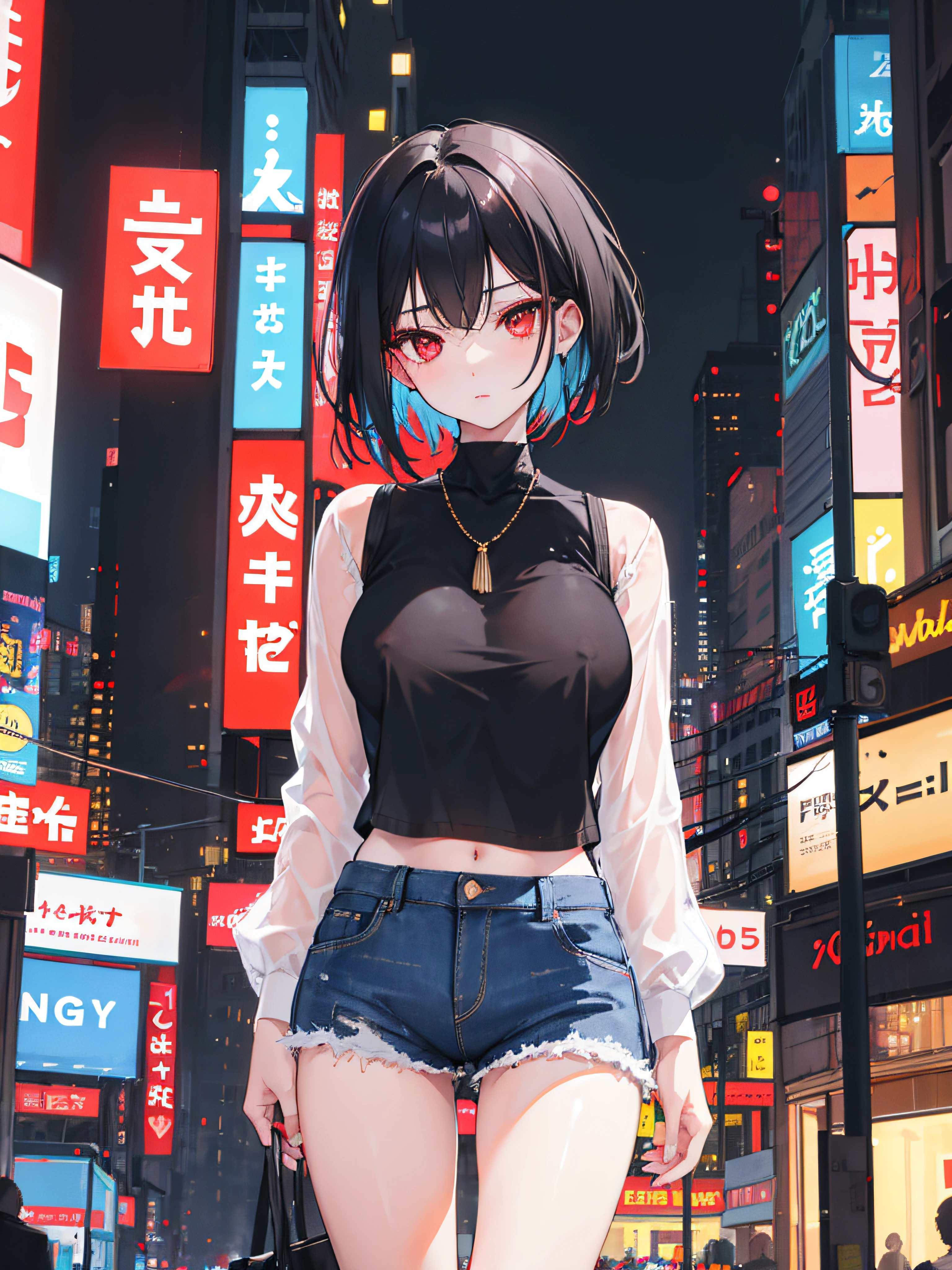 1girl, short black hair, red eyes, beautiful detailed eyes and face, extremely detailed eyes and face, long eyelashes, wearing a semi-transparent shirt showing nipples, denim shorts, standing in a vibrant city with tall buildings and bustling streets, surrounded by colorful lights and neon signs, best quality, 8K resolution, ultra-detailed, realistic, capturing the urban atmosphere with professional studio lighting, vivid colors, capturing the viewer's attention, creating an intense and intriguing contrast with the surrounding environment.