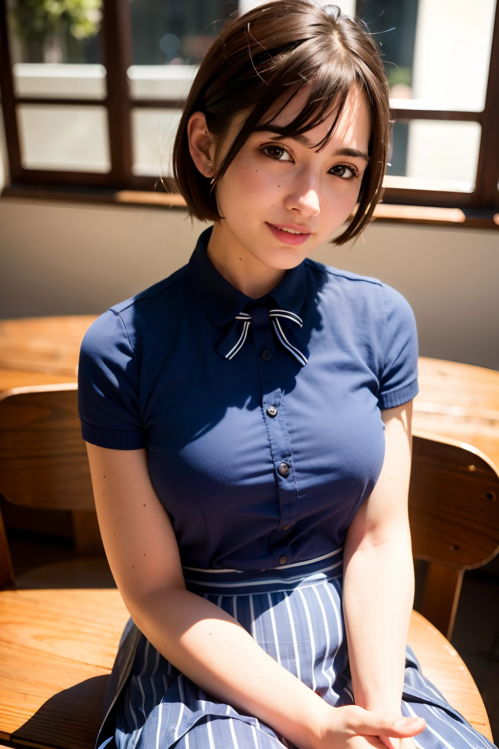 (8K, RAW photo, Best quality, Masterpiece:1.2), (Realistic, photo-realistic:1.37), Ultra-detailed, 1 girl,Cute, Solo,Beautiful detailed sky,Detailed Cafe,Night,Sitting,dated,(nose blush),(Smile:1.1),(Closed mouth), Medium breasts,Beautiful detailed eyes,(Collared shirt:1.1), neck bowtie,Pleated skirt,(Short hair:1.2),Floating hair