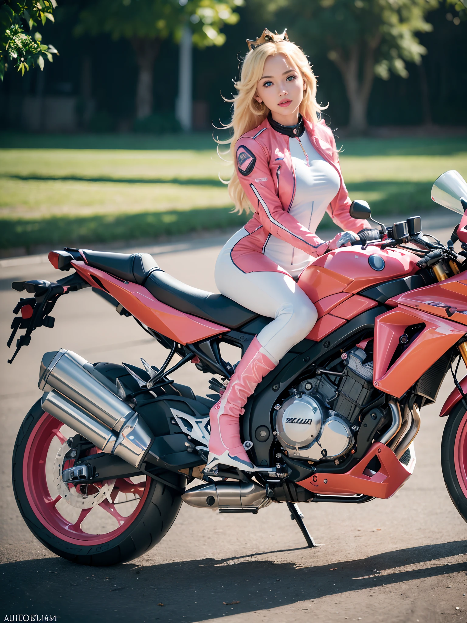 ((Masterpiece)), (high resolution:1.4), (riding a pink motorbike:1.2), (full body:1.4), (gp circuit), (european youth  woman:1), 1girl, princess_peach, full pink motorcycle suit,  looking at viewer, beautifull smile, beautiful face, highly detailed skin, skin pores, (highly detailed face:1.1), (highly detailed eyes:1.1), realistic pupils, full face blush, full lips, (perfect anatomy:1.1), (perfect proportions:1.1), (photography:1.1), (photorealistic:1.1), volumetric lighting, dynamic lighting, real shadows, (highres:1.1), sharp focus, (realistic, hyperrealistic:1.4), intricate, high detail, dramatic, subsurface scattering, big depth of field, vivid, polished, sharpened, ((full Sharp)), (extremely absurdres), 16k hdr