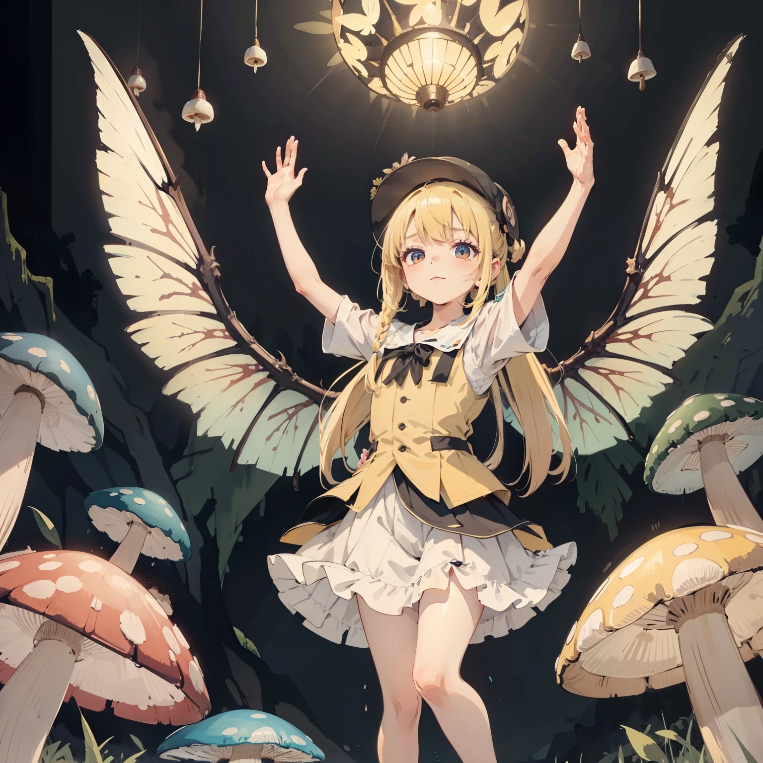 Beautiful and aesthetic,, Solo,Cute,Yellow hair,pleatedskirt，Dance，It has dragonfly-like wings and membrane wings，Cogumelos，Mushrooms，Huge mushrooms，spore，(glowing ambiance, enchanting glow, luminouslighting, Ethereal atmosphere,Watercolor illustration, Perfect anatomy, Masterpiece, Best quality, 1girll, li,eature, landscape