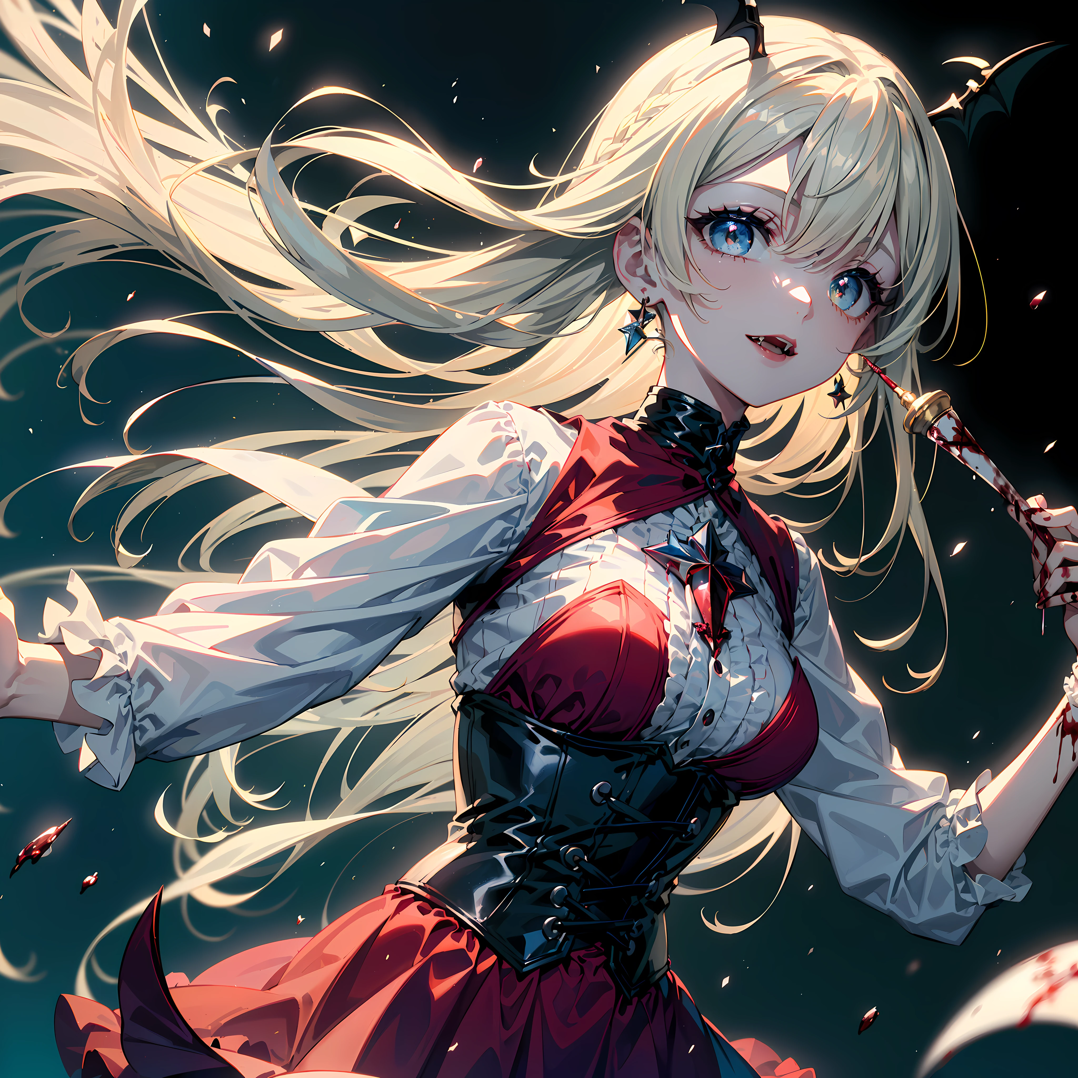 ((master part)), best quality, CG extremamente detalhado, Unity 8k papel de parede,anatomicamente correto,Ultra resolution)),award-winning photography,(best ilumination,muito delicado e bonito),solo, 1girl,(uma menina,sozinho,Loli:1.5),(Vampiro:1.5),Braided black hair,(Caudas duplas:1.2),olhos vermelhos brilhantes,very pale skin, pelo brilhante, roupas justas, goth clothing,(rosto extremamente bonito e detalhado:1.2), (olhos extremamente bonitos e detalhados:1.2),perfect hands,Pernas delicadas,((ornamento do cabelo do morcego)),(gracioso,moda),orelhas pontudas,((vestido:1.45,coxas pretas,luvas de cotovelo pretas,cinto de pernas, corset apertado)),Olhando para o Viewer,hand on own chest,head tilt,sorridente,persona sombria,devilish smile, Evil,(fofo:1.5),((Noite, atmosfera escura, tema escuro, darkeness:1.5)),Shadows Dramatic,(mal iluminado:1.5),sangue no rosto,blood on the ground, sangue nas paredes, sangue na roupa,(blood mist,respingos de sangue:1.4),profundidade de campo,(castelo assombrado:1.2,parque:1.3), Cloud, lua cheia, lua, luar, night sky, Starry sky outdoors, lua de sangue, heaven, star sky, Starry sky,(Perfect structure of the human body with maximum precision)