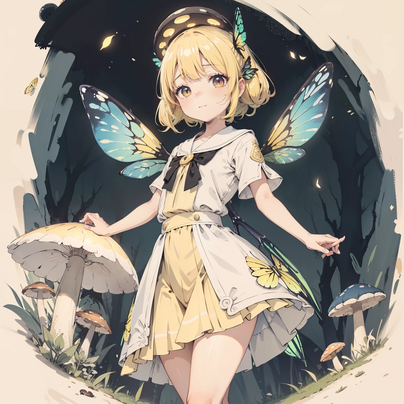 Beautiful and aesthetic,, Solo,Cute,Yellow hair,pleatedskirt，Dance，It has dragonfly-like wings and membrane wings，Cogumelos，Mushrooms，Huge mushrooms，spore，(glowing ambiance, enchanting glow, luminouslighting, Ethereal atmosphere,Watercolor illustration, Perfect anatomy, Masterpiece, Best quality, 1girll, li,eature, landscape