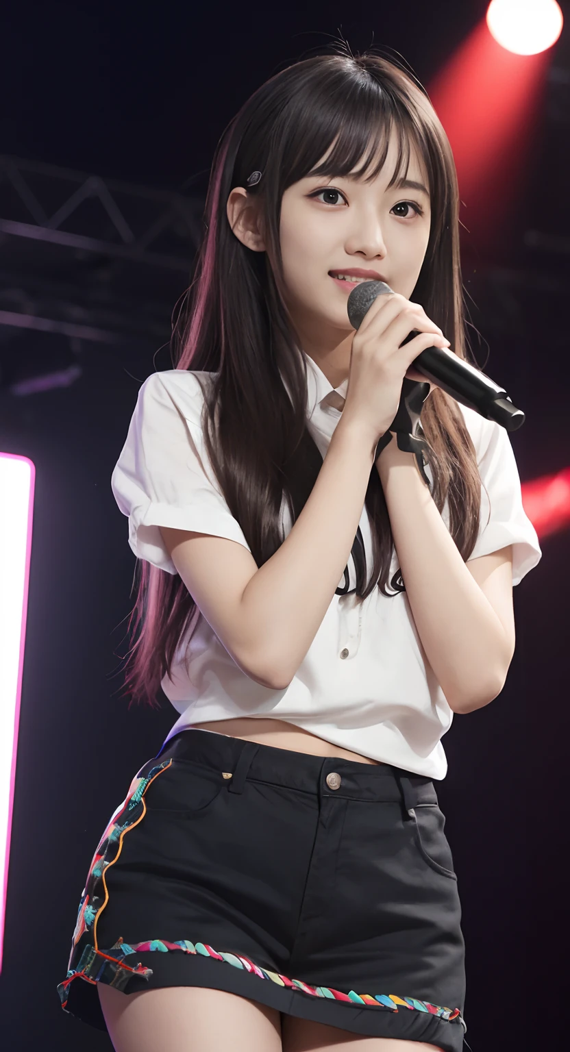 (top-quality、masterpiece:1.2)、Best Quality、realisitic、photoshot、hight resolution、1080p、8K、Textured skin、Physical Rendering、1 Japan Girls、High 、kawaii、Young Face、Rolled hair、(idol:1.5)、stage、full of shyness、smil、Big