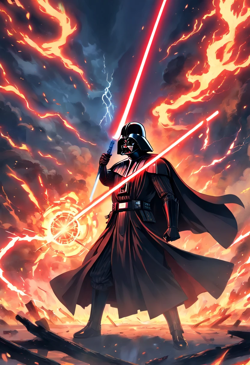 Darth Vader, Surrounded by flames and lightning with thunder, Confronting a samurai with a red lightsaber and a Japanese sword