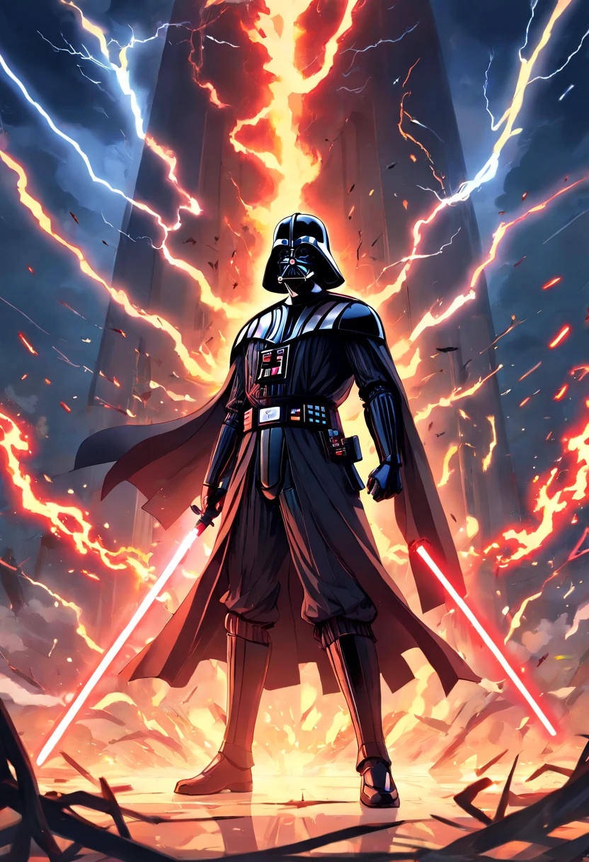 Darth Vader, Surrounded by flames and lightning with thunder, Confronting a samurai with a red lightsaber and a Japanese sword