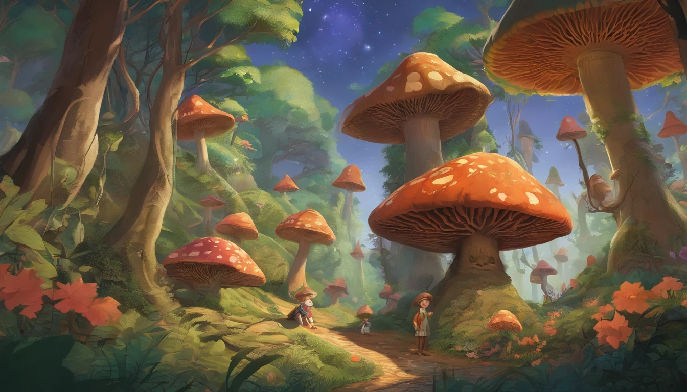 Imagine um jovem com cabelo castanho, brown eyes and wearing baggy clothes of earthy tones that blend perfectly with the magical environment around him. He's standing in a magical forest clearing, with trees of extravagant shapes and trunks festooned with plots of bright vines. Na clareira, gnomos animados, with pointy hats and colorful clothes, they dance in circles around the young man, seus rostos repletos de sorrisos travessos. Giant mushrooms and psychedelics, with mesmerizing patterns and vivid colors, crescem ao redor deles, offering unlikely seats for the gnomes and a resting place for the young man. In the night sky, a lua cheia brilha intensamente, casting shadows and highlighting the details of this magical scene. Make the drawing capture the sense of mystery, Charm and adventure that permeates this magical forest