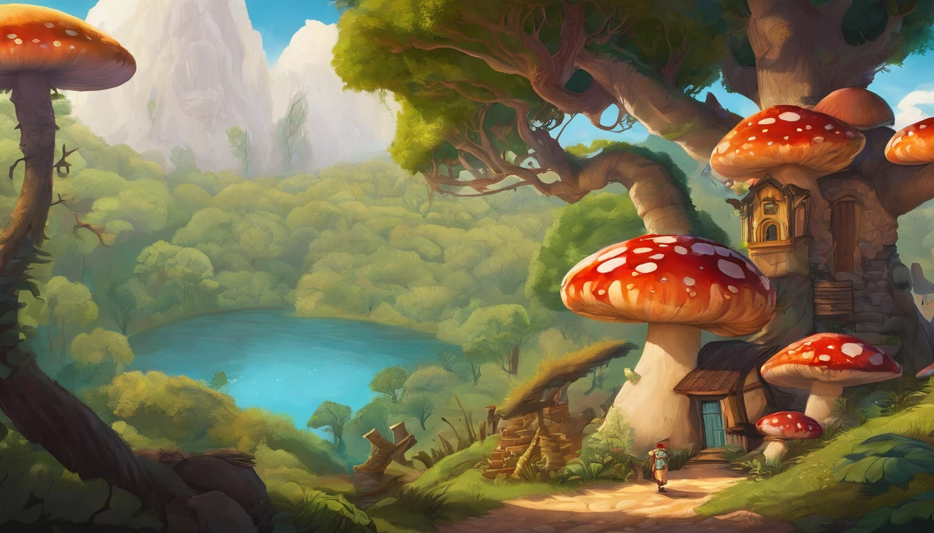 Imagine um jovem com cabelo castanho, brown eyes and wearing baggy clothes of earthy tones that blend perfectly with the magical environment around him. He's standing in a magical forest clearing, with trees of extravagant shapes and trunks festooned with plots of bright vines. Na clareira, gnomos animados, with pointy hats and colorful clothes, they dance in circles around the young man, seus rostos repletos de sorrisos travessos. Giant mushrooms and psychedelics, with mesmerizing patterns and vivid colors, crescem ao redor deles, offering unlikely seats for the gnomes and a resting place for the young man. In the night sky, a lua cheia brilha intensamente, casting shadows and highlighting the details of this magical scene. Make the drawing capture the sense of mystery, Charm and adventure that permeates this magical forest