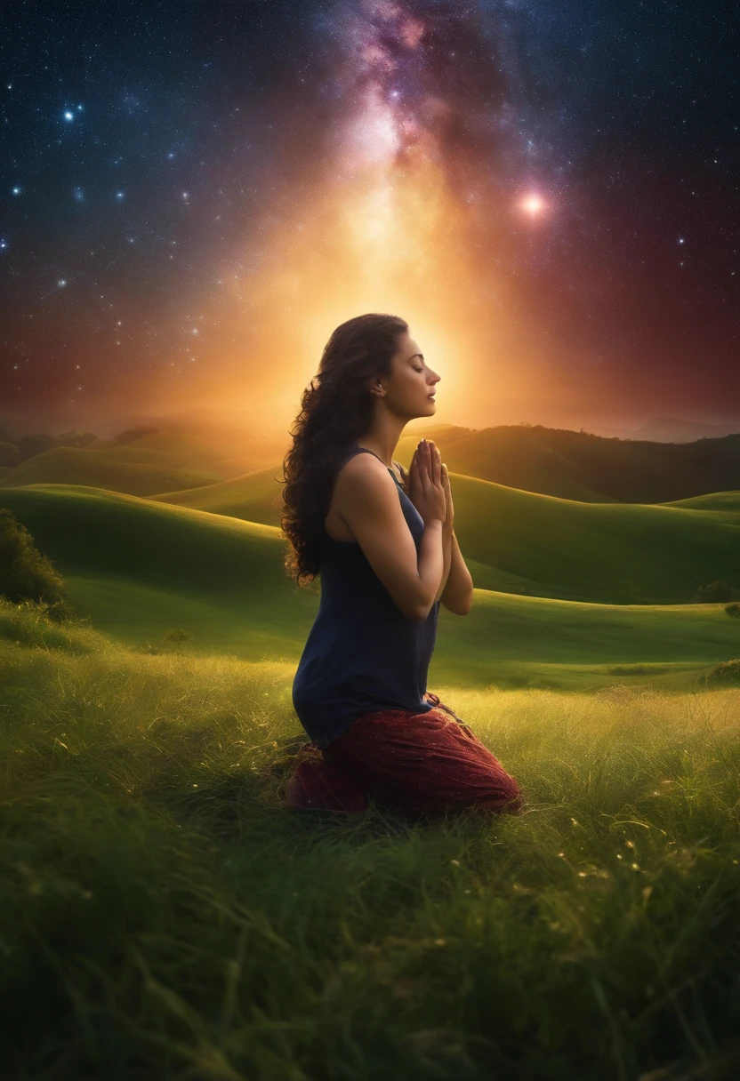 A person in prayer and in tune with God in the grass and with the sky full of galaxies image in 4k and realistic