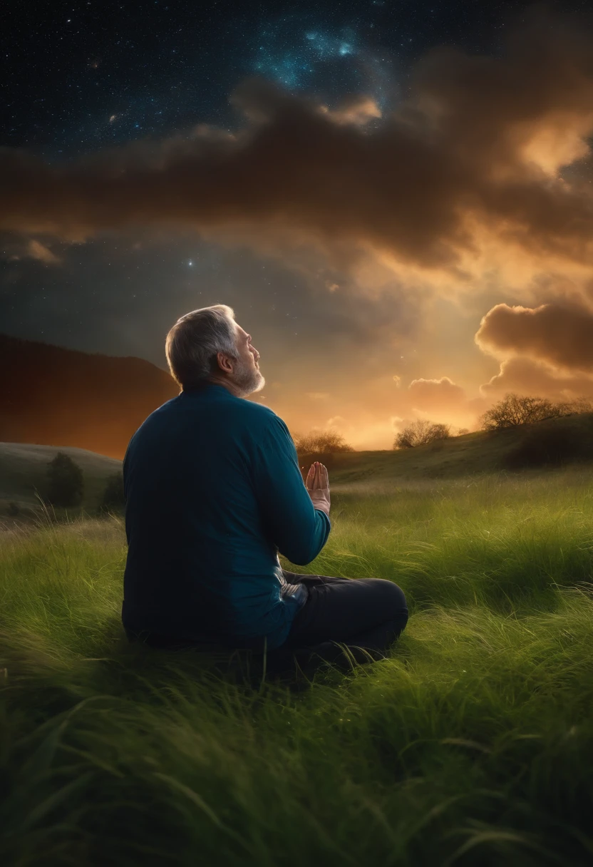 A person in prayer and in tune with God in the grass and with the sky full of galaxies image in 4k and realistic