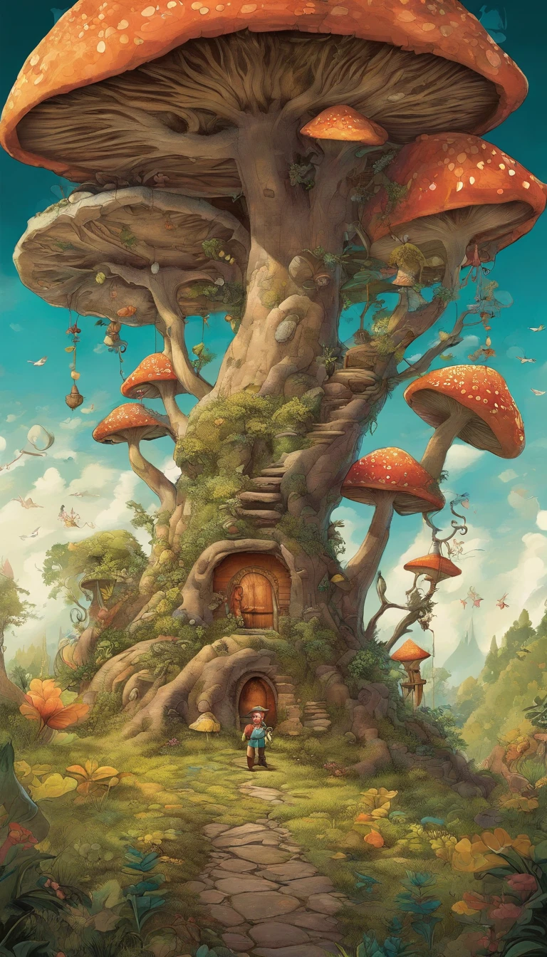 Imagine um jovem com cabelo castanho, brown eyes and wearing baggy clothes of earthy tones that blend perfectly with the magical environment around him. He's standing in a magical forest clearing, with trees of extravagant shapes and trunks festooned with plots of bright vines. Na clareira, gnomos animados, with pointy hats and colorful clothes, they dance in circles around the young man, seus rostos repletos de sorrisos travessos. Giant mushrooms and psychedelics, with mesmerizing patterns and vivid colors, crescem ao redor deles, offering unlikely seats for the gnomes and a resting place for the young man. In the night sky, a lua cheia brilha intensamente, casting shadows and highlighting the details of this magical scene. Make the drawing capture the sense of mystery, Charm and adventure that permeates this magical forest