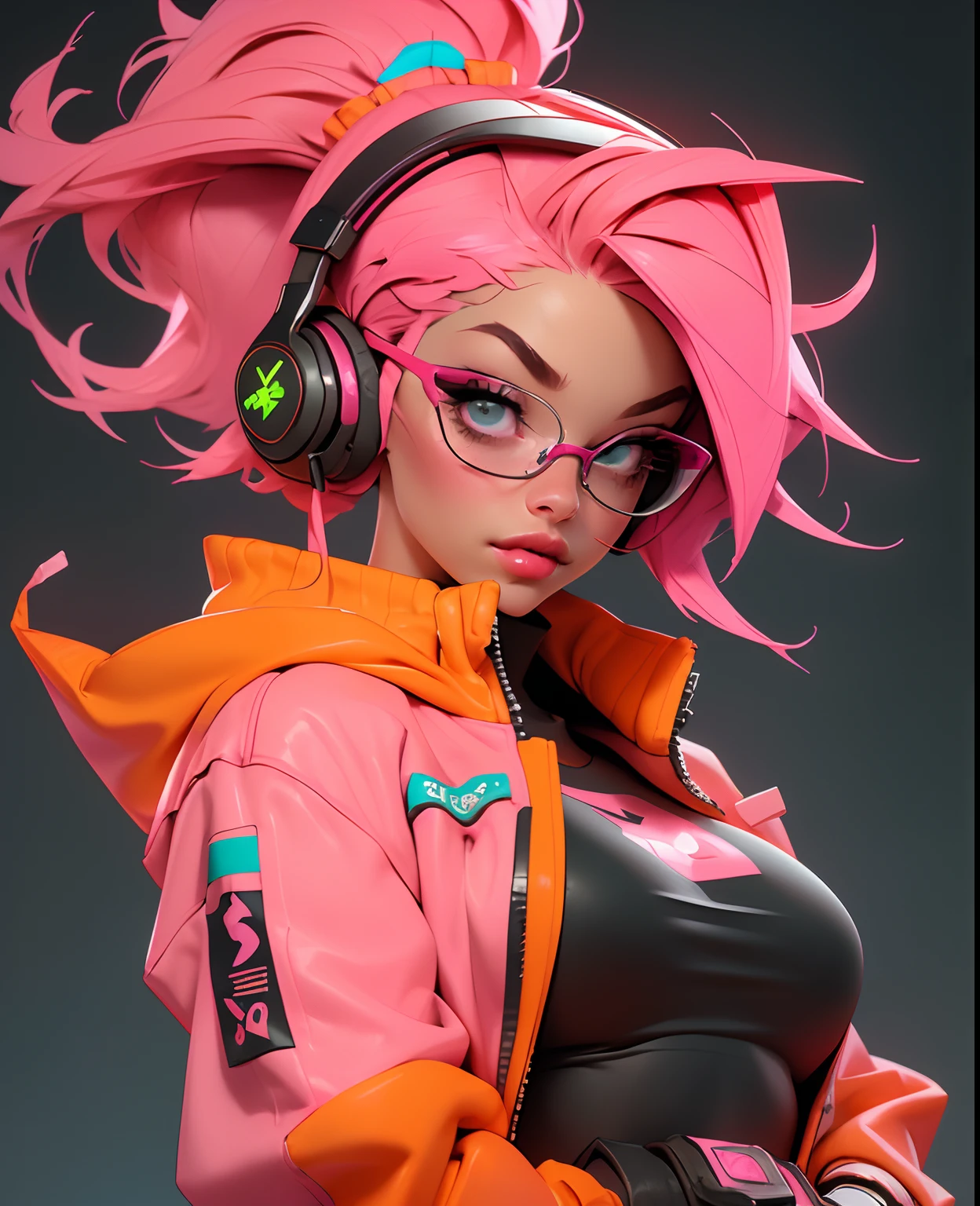 ((Best quality)), ((masterpiece)), ((realistic)) and ultra-detailed photography of a 1nerdy girl with neon headphones. She has ((pink hair)), is wearing an orange techwear jacket, and exudes a ((beautiful and aesthetic)) vibe.