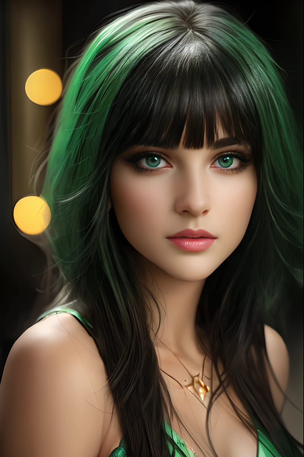 best quality,ultra-detailed,realistic, black hair, green eyes, beautiful detailed eyes, beautiful detailed lips, extremely detailed eyes and face, longeyelashes, portraits, vivid colors, studio lighting