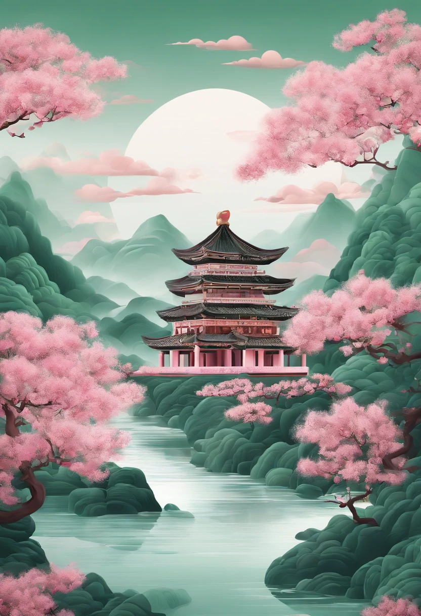 Chinese illustration on white background,jade,mountain water,Auspicious clouds,Rich in detail,Super refined,Pink green,Graphic illustration,12K,3D,--2:3