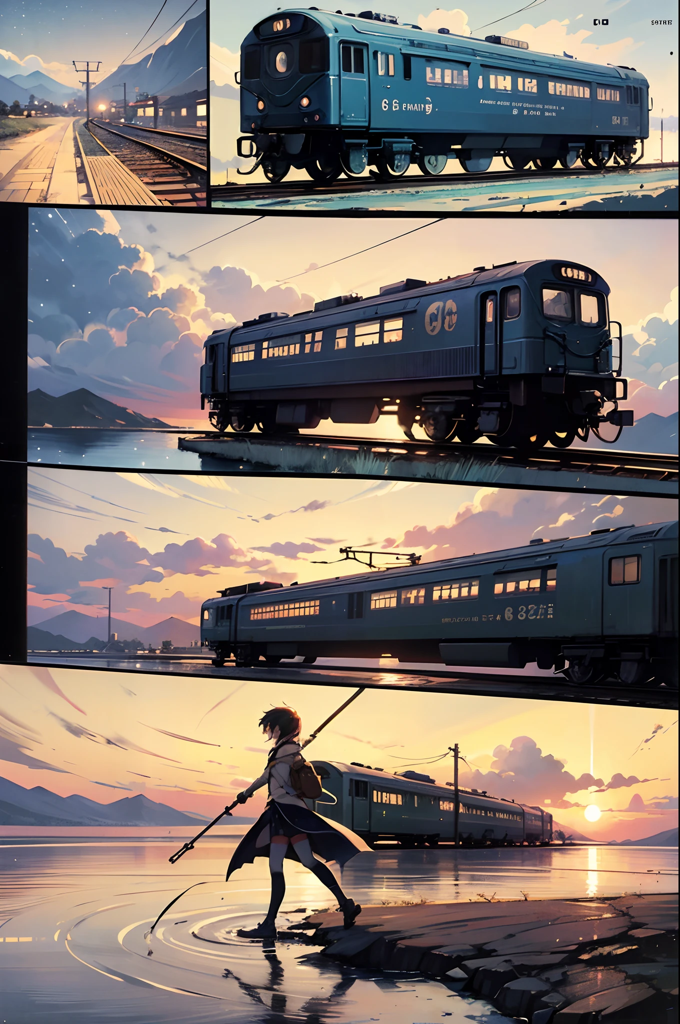 comic strip，Cartoon Split，Storyboard，Masterpiece, Anime train passing through bodies of water on tracks, Bright starry sky. Romantic train, Makoto Shinkai's picture, Pisif, concept-art, Lofi art style, Reflection. By Makoto Shinkai, Lofi art, beautiful anime scenes, Anime landscape, Detailed scenery —width 672, in the style of makoto shinkai, Makoto Shinkai's style, Enhanced detail.