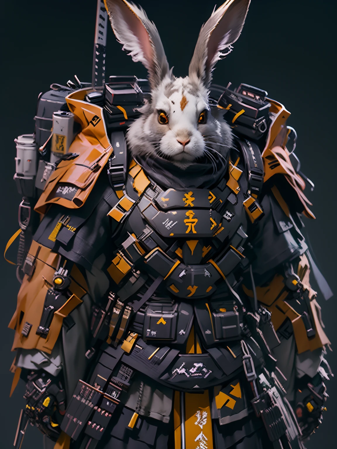 Dark fantasy full body a realistic dangerous, furious male rabbit samurai with high-resolution red, grey and yellow, rabbit head, tactical suit, mech details