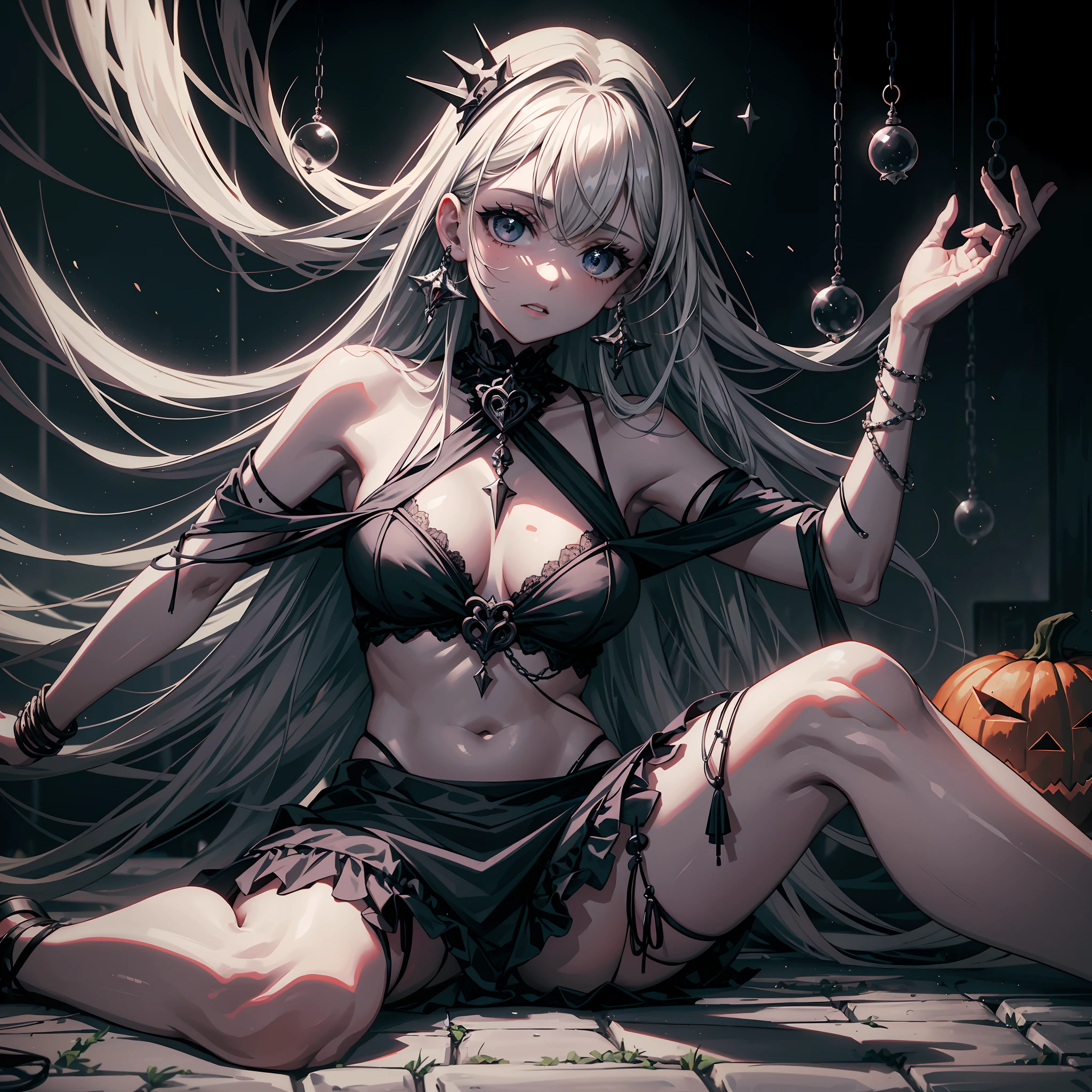 1girl, modern prison, ((Bloody)),ferida, Blusas, Cabelos curtos, corte estilo Chanel, ((rosto extremamente bonito e detalhado)) fear expression, medo do viewer, trying to escape from prison, chorando, olhar raivoso, loba, Pumpkins on the ground, estilo Halloween,saia, barriga descoberta , roupas extremamente rasgadas, shoulders visible, ferida no corpo, roupas com sangue, bones on the ground, Human skull on the ground, aCorrentado, sitting on ground, Coleira, meninato, orelhas de gato, rabo de gato, luar, jail, sujo, Roupas Sujas, roupas insaguentadas,roupas detalhadas,master part, realistic lighting, olhos brilhantes,C.C.,PGR_Lua,Mamori,sangue, ((Corrente sangrenta)), ((sangue_em_rosto)) (((Rosto detalhado
