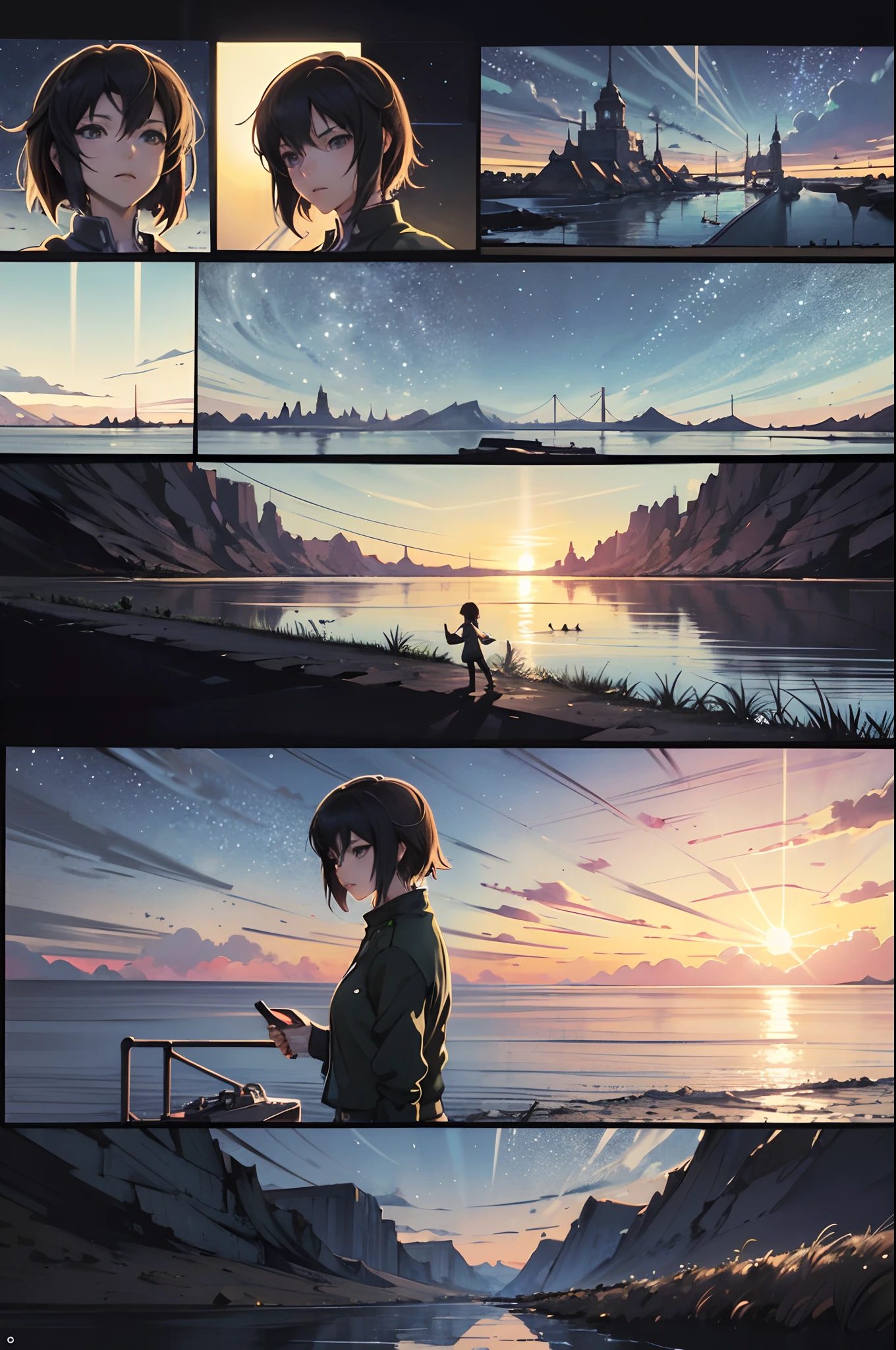 comic strip,Cartoon Split,Storyboard,Masterpiece, Anime train passing through bodies of water on tracks, Bright starry sky. Romantic train, Makoto Shinkai's picture, Pisif, concept-art, Lofi art style, Reflection. By Makoto Shinkai, Lofi art, beautiful anime scenes, Anime landscape, Detailed scenery —width 672, in the style of makoto shinkai, Makoto Shinkai's style, Enhanced detail.