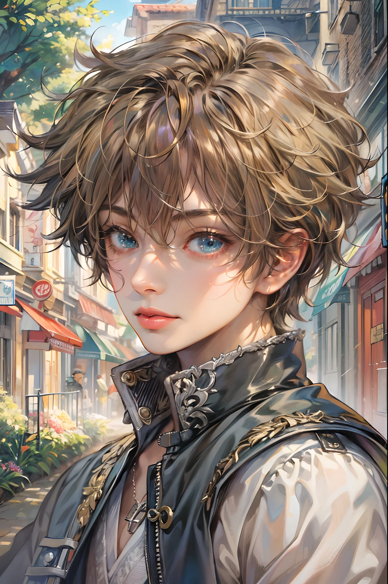(absurdres, highres, ultra detailed, HDR), masterpiece, best quality, "rhapsody a musical adventure" ps1 game character, boy hero with short hair, detailed face, handsome face, anime eyes, at the town, detailed character, detailed outdoor scenery, art kenouji