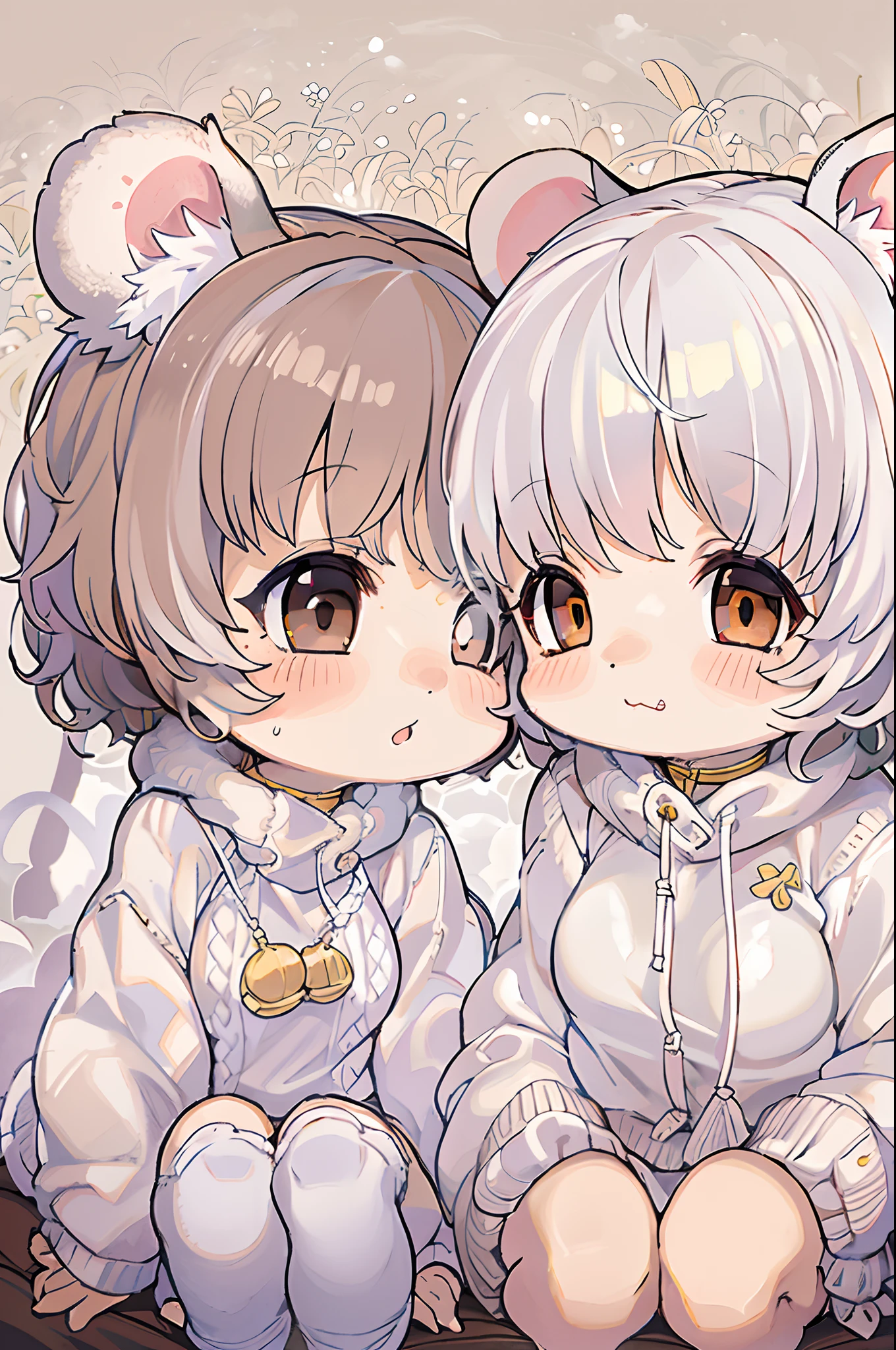 twins, Mouse Girls, short fluffy white hair, Big round mouse ears, White sweater, Holding hands, ((dark brown eyes)), a couple, Beautiful, Glossy lips, Detailed eyes,Chibi