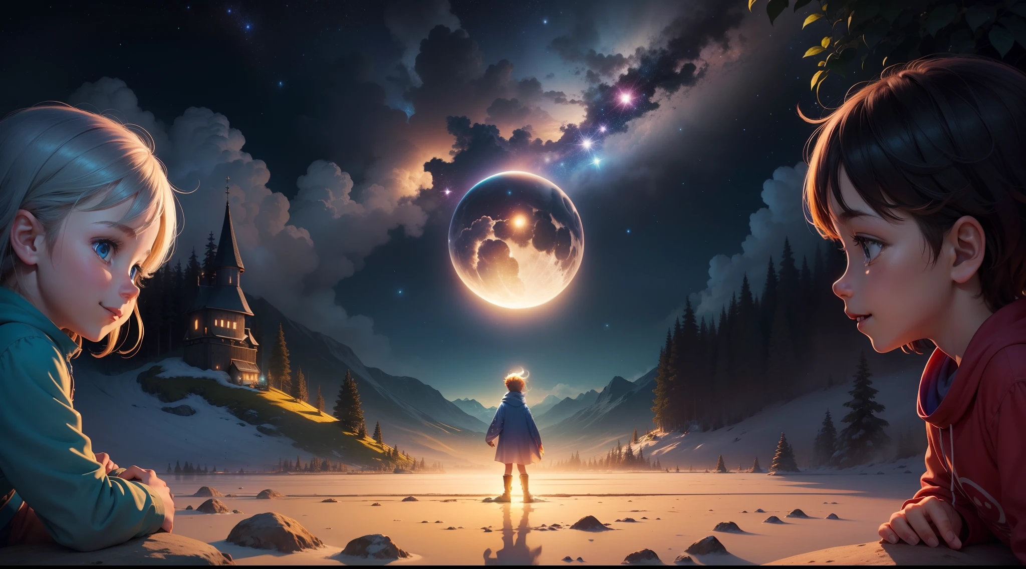 "Crie uma imagem com uma atmosfera encantadora e infantil, inspired by the book 'Greg and the Magic Night'. Nessa imagem, inclua o personagens Lucas, explorando uma cena noturna cheia de maravilhas. Add a starry sky with smiling stars and a friendly observation moon. Ademais, Insert a translucent spirit with a friendly and bright appearance, as a magical guide on the night journey. Use suave, vibrant colors to create a cheerful and magical environment that resonates with children's audiences. Let your creativity flow and capture the sense of adventure and mystery that the book conveys."