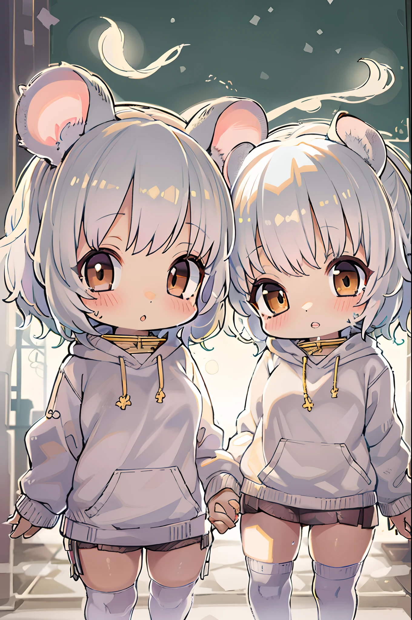 twins, Mouse Girls, short fluffy white hair, Big round mouse ears, White sweater, Holding hands, ((dark brown eyes)), a couple, Beautiful, Glossy lips, Detailed eyes,Chibi