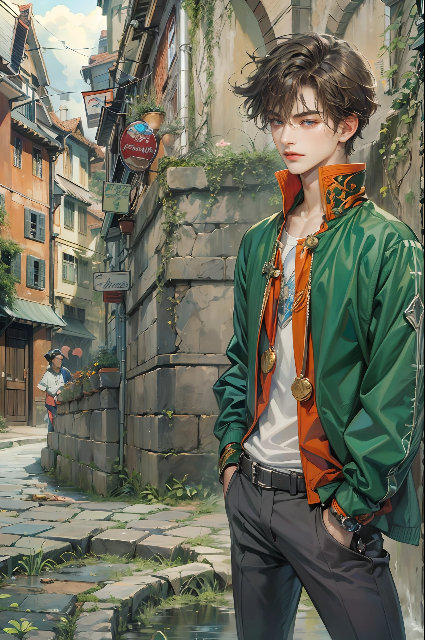 (absurdres, highres, ultra detailed, HDR), masterpiece, best quality, "rhapsody a musical adventure" ps1 game character, boy hero with short hair, detailed face, handsome face, anime eyes, at the town, detailed character, detailed outdoor scenery, art kenouji