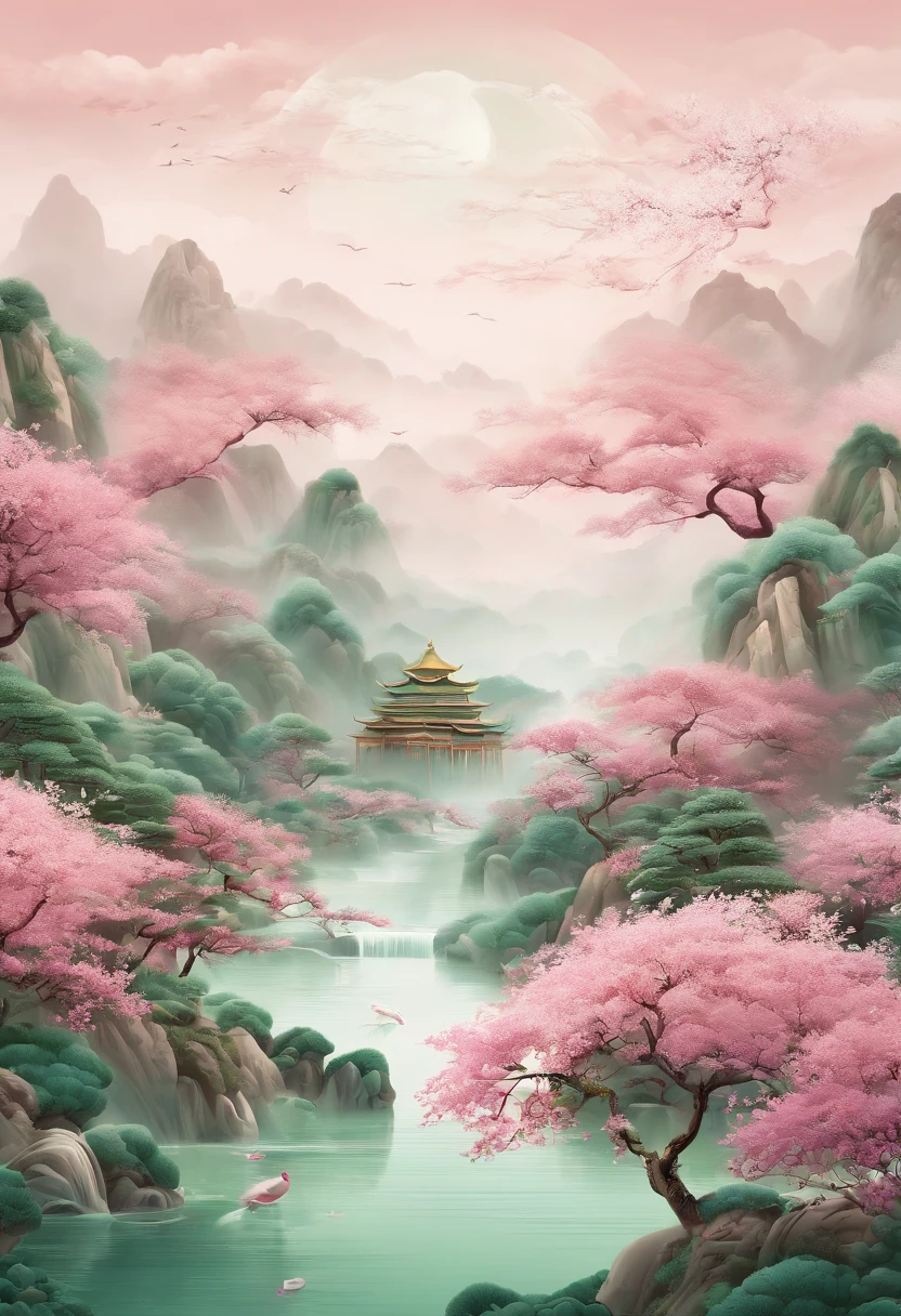 Chinese illustration on white background, jade, landscape, auspicious clouds, rich details, super delicate, pink green, plane illustration, 12K, 3D, -- 2:3