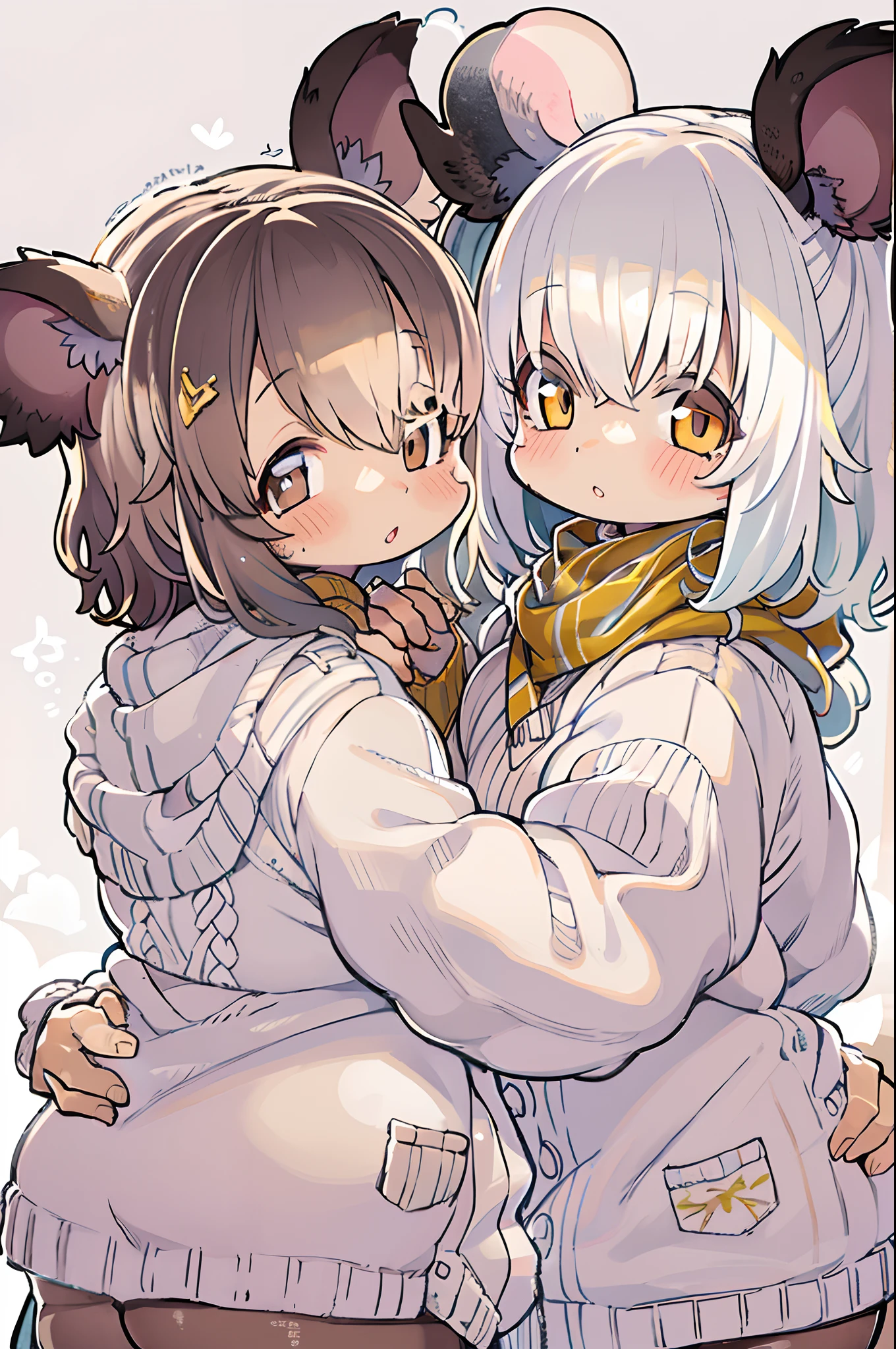 twins, Mouse Girls, short fluffy white hair, Big round mouse ears, White sweater, Holding hands, ((dark brown eyes)), a couple, Beautiful, Glossy lips, Detailed eyes,Chibi
