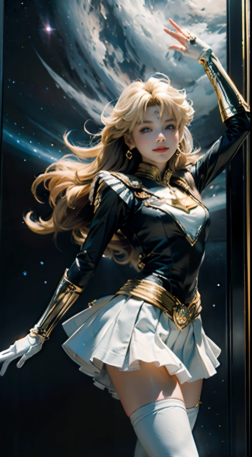 (CG Unity 8K wallpaper with extreme detail, masterpiece, highest quality), (exquisite lighting and shadow, highly dramatic picture, cinematic lens effect), (Sailor Moon: 1.1), double tails, blue eyes, blonde hair, tight top, white gloves, mini skirt, dynamic pose), space station in the background (excellent detail, excellent lighting, wide angle), (excellent rendering, enough to stand out in its class),