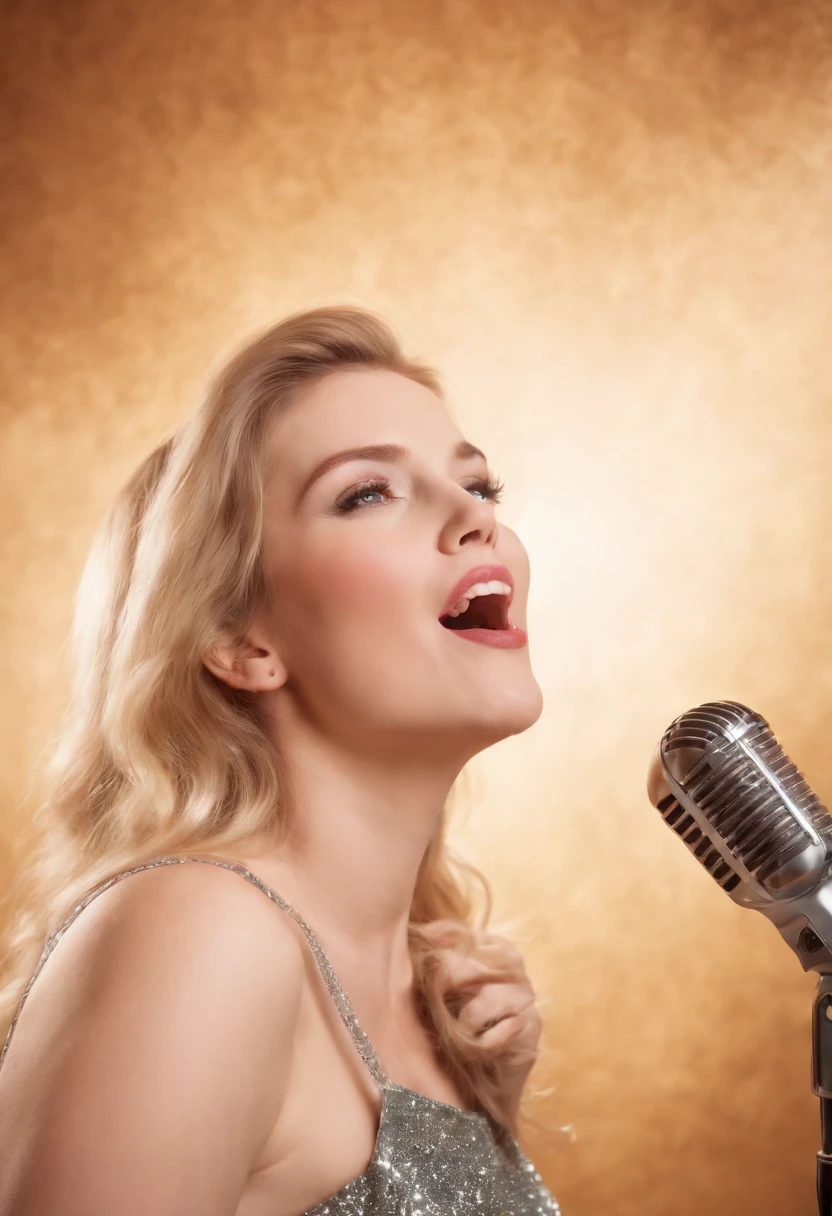 A portrait of a beautiful young woman singing karaoke, vintage illustration, chromolithograph, 80s style, white background.