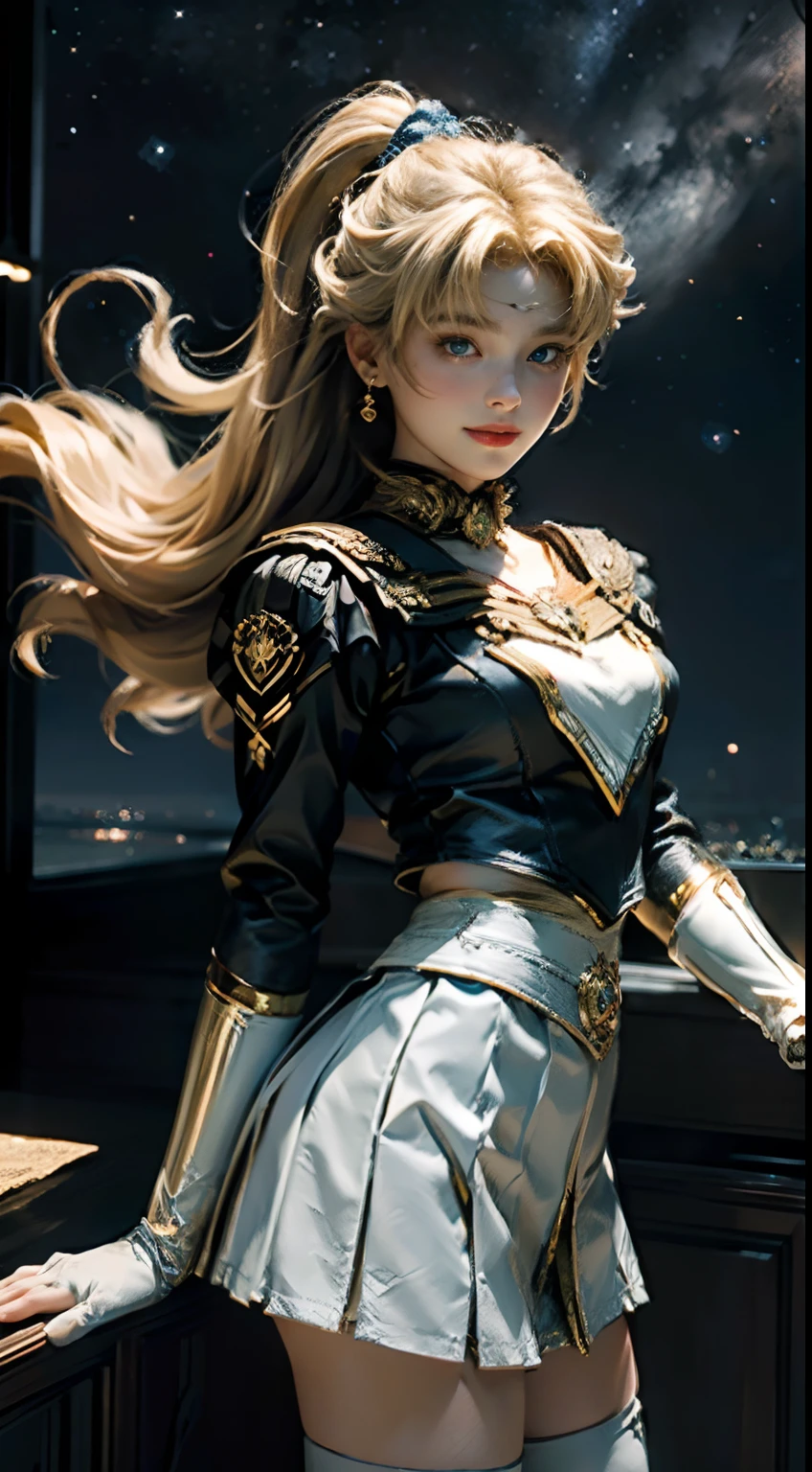 (Extreme detail CG Unity 8K wallpaper, masterpiece, highest quality), (exquisite lighting and shadow, highly dramatic picture, cinematic lens effect), (Sailor Moon: 1.1), charming smile, double tail, blue eyes, blond hair, tight top, white gloves, mini skirt, dynamic pose), the background is the universe (excellent detail, excellent lighting, wide angle), (excellent rendering, enough to stand out in its class),