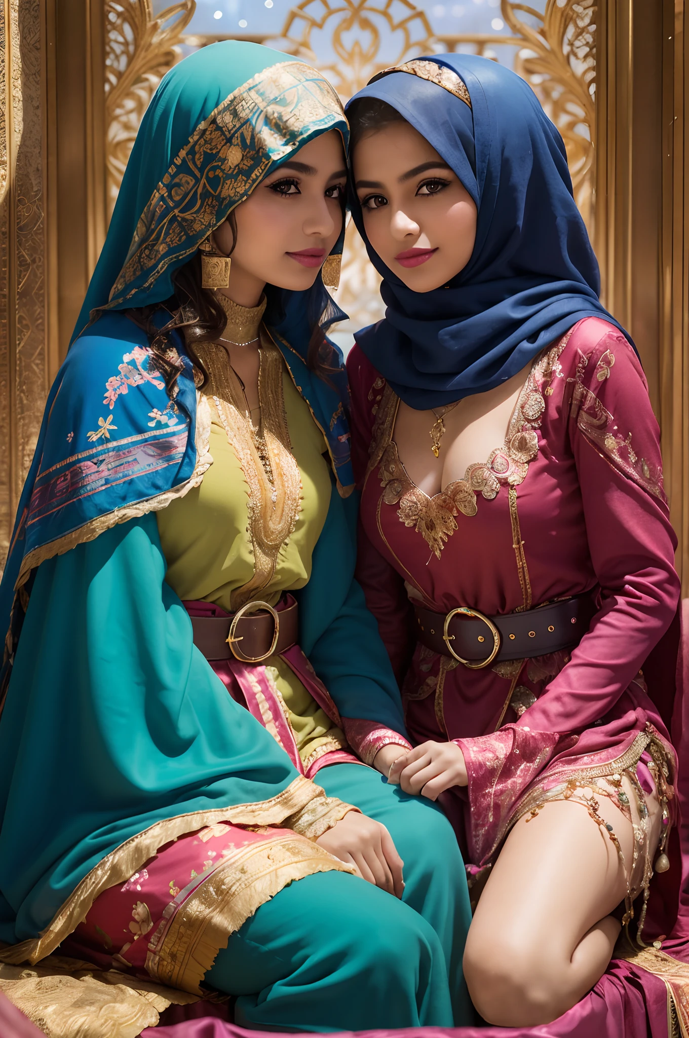 2 Arabic girls on a rainy night,Front lens,Arab palace background ,(Close-up Shot Shot:1.6),best qualtiy,f / 1 HD photography T bokeh,Depth of field macro