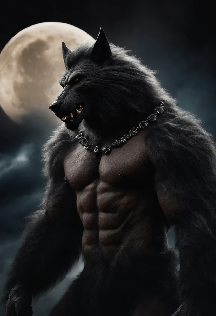 big strong hairy werewolf , realistic, high resolution, quality look, claws, menacing, brutal, look not intelligent, moon behind clouds