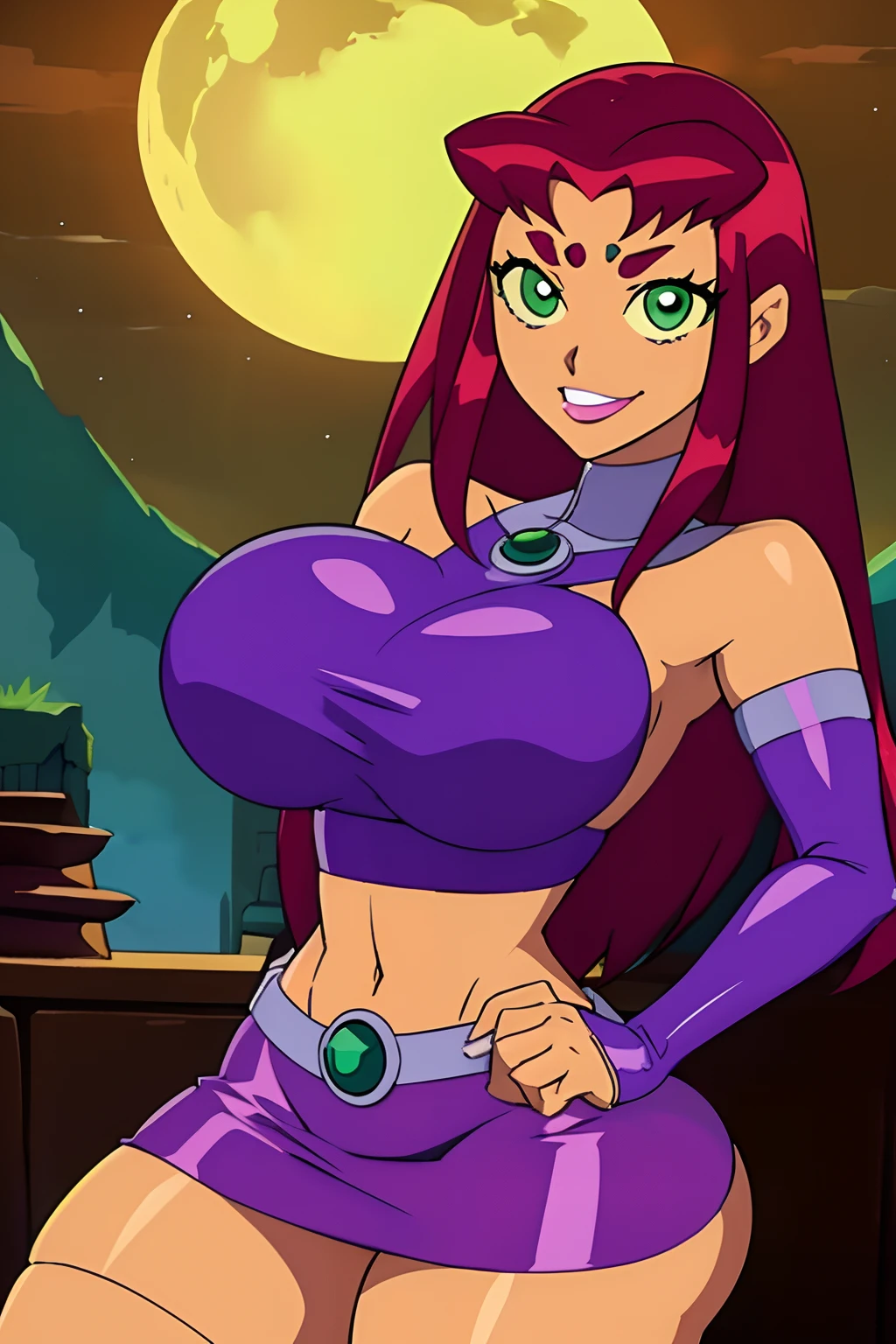 titans, Starfire, anime, masterpiece, 1girl, ((bimbo))), smile face, green eyes, long red hair, puffy lips, painted lips, thick lips, wide hips, thick thigh, big breast, huge ass, tan skin, purple skirt, purple top, posing