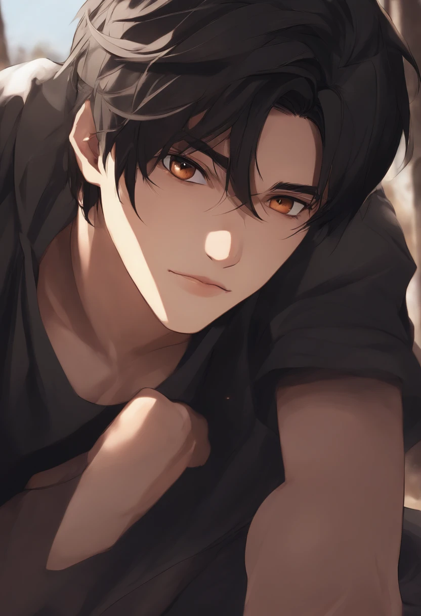 Anime boy, Black hair, Looking at the camera, black eyes, wearing a black t shirt, Light brown skin,