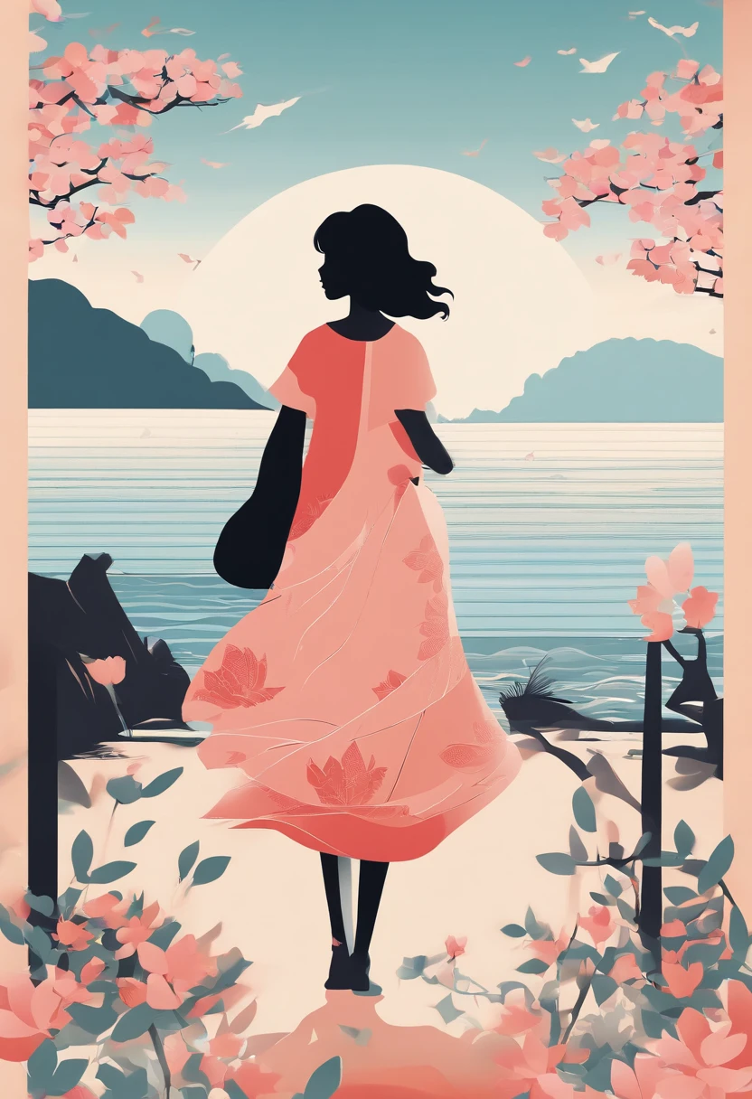 1girll,Black hair, Floating hair, Seaside,scenery,landscape,Cherry blossoms, Falling petals, rays of sunshine,god light,Upper body, colours,dress,komono