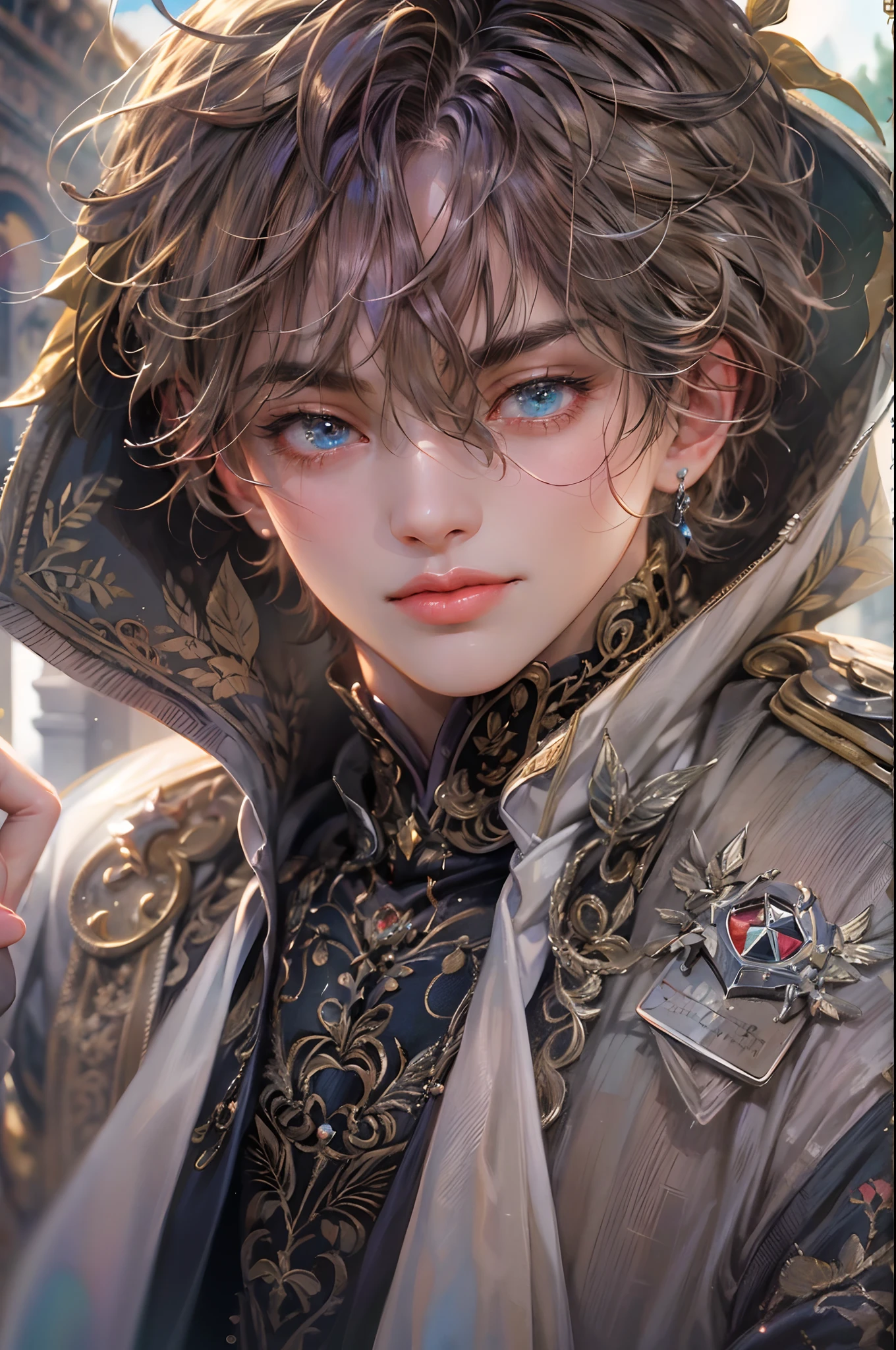 (absurdres, highres, ultra detailed, HDR), masterpiece, best quality, "rhapsody a musical adventure" ps1 game character, boy hero with short hair, detailed face, handsome face, anime eyes, at the town, detailed character, detailed outdoor scenery, art kenouji