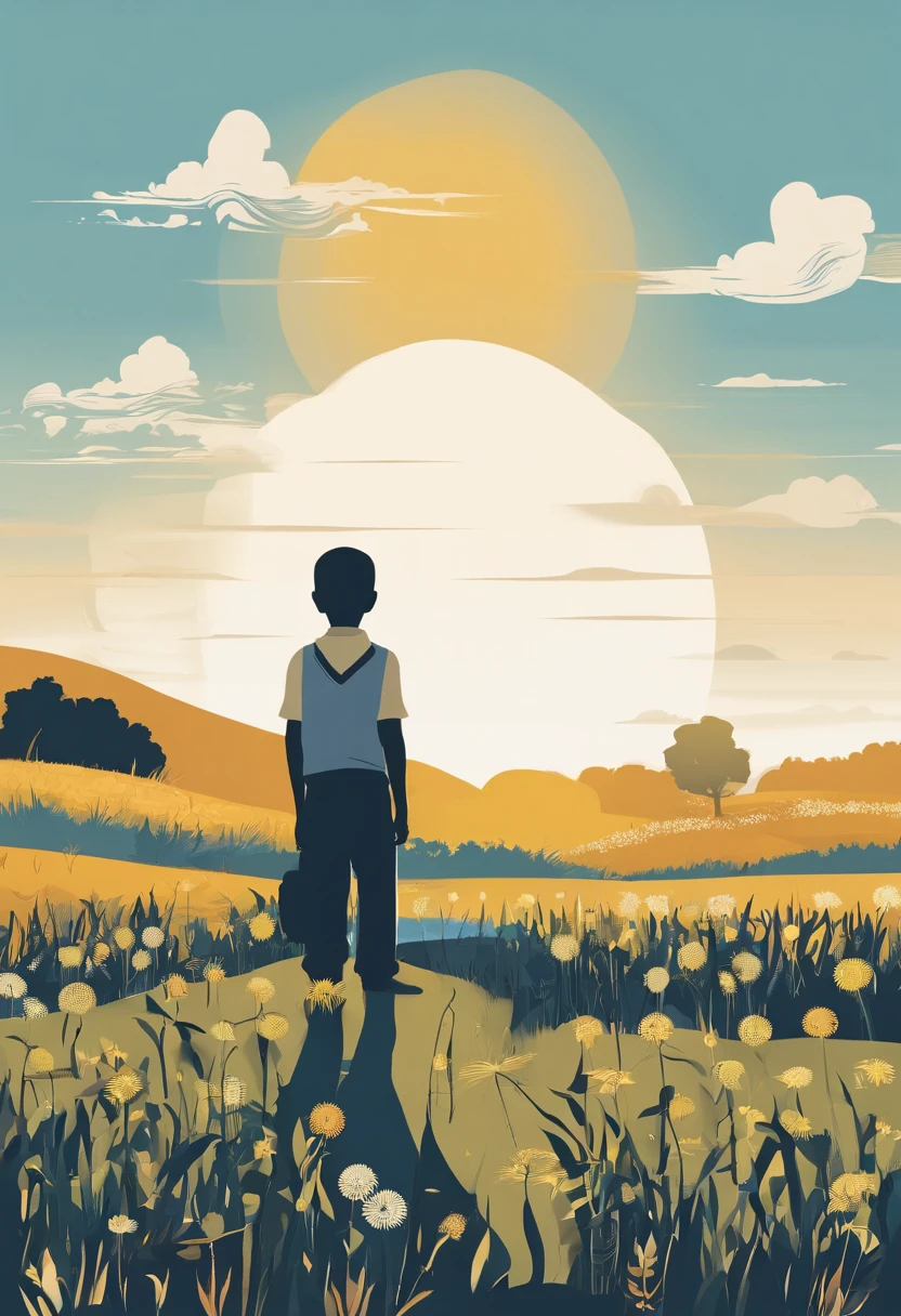 (zh-CN) farm land, Morning dew, Sun-roasted wheat field, Dandelions in bloom leisurely, (1 boy), A big smiling face in the bright sun, Wear light cotton clothing, Blue shirt, Kind and natural.