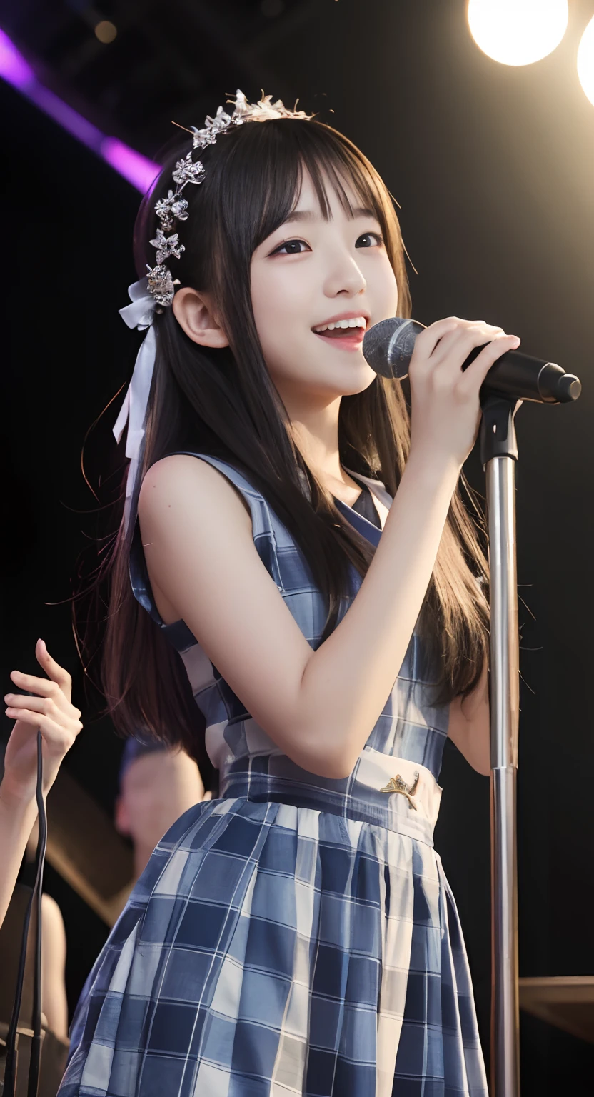 (top-quality、masterpiece:1.2)、Best Quality、realisitic、photoshot、hight resolution、1080p、8K、Textured skin、Physical Rendering、1 Japan Girls、High school students、kawaii、Young Face、Rolled hair、(Idol:1.5)、stage、full of shyness、smil、Big