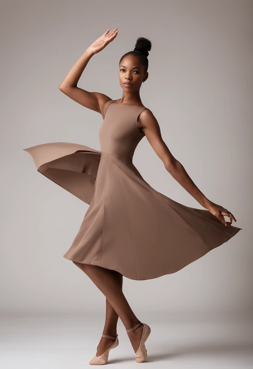 fashion model photography, ballet dress, Strong sense of design, Medium shot, South African girl, Short hair, Hair accessories, Delicate skin, Smile, Simple background, High texture, Glare backlight, Professional studio lighting
