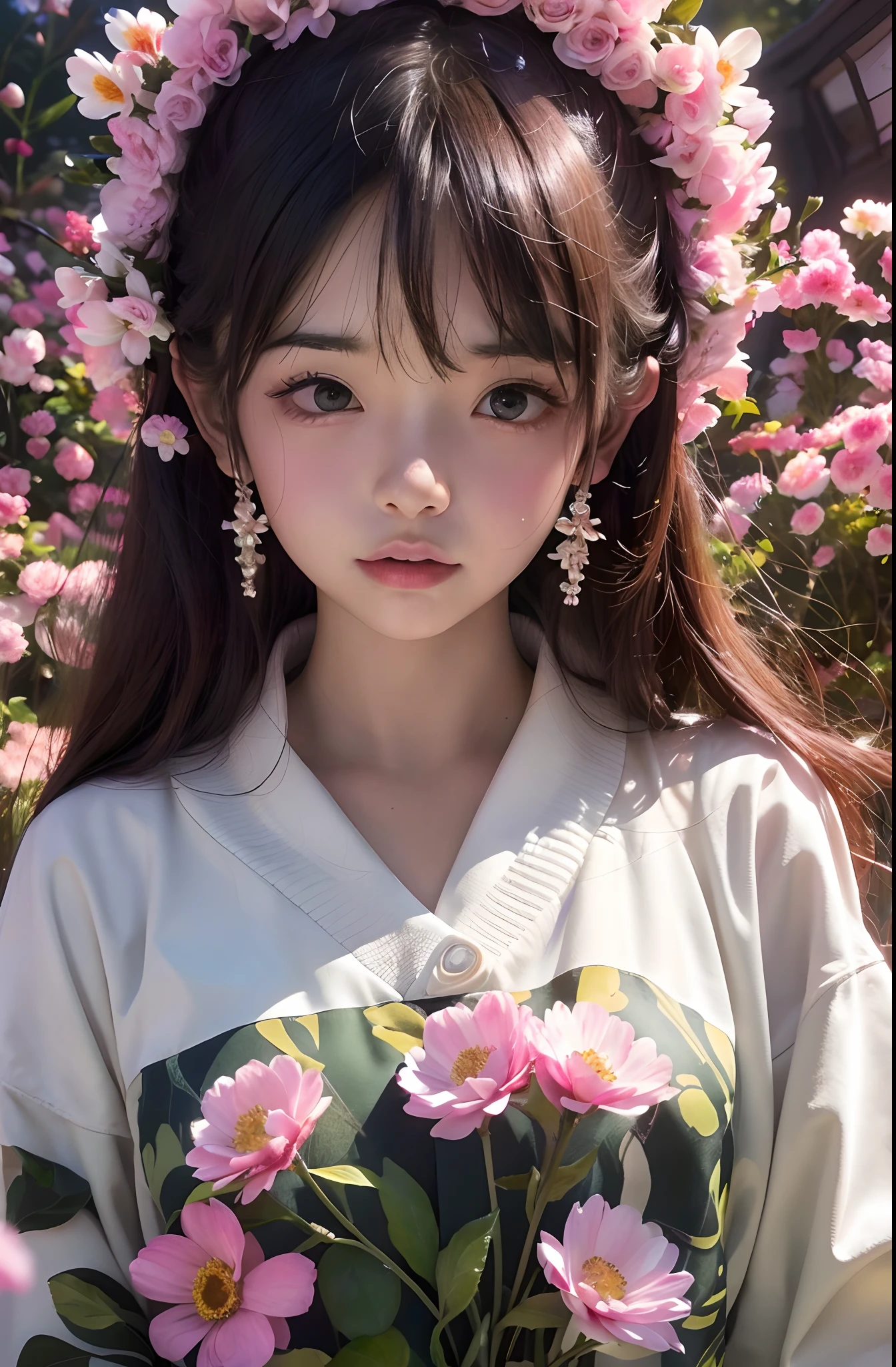 (Need,tmasterpiece),(详细的脸,realisticlying,the detail),1girll,Pose,Particle,ventania,florals,The upper part of the body,simplebackground,looking at viewert,Focus on the face,The color hair,校服