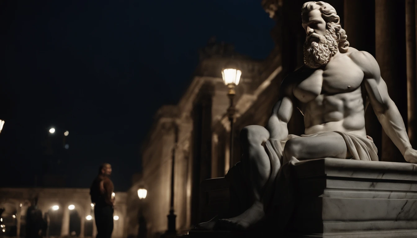 A white marble statue of a muscle, Bearded man with a stern look in a dark square at night, in the style of photographers Annie Leibovitz and Peter Lindbergh.
